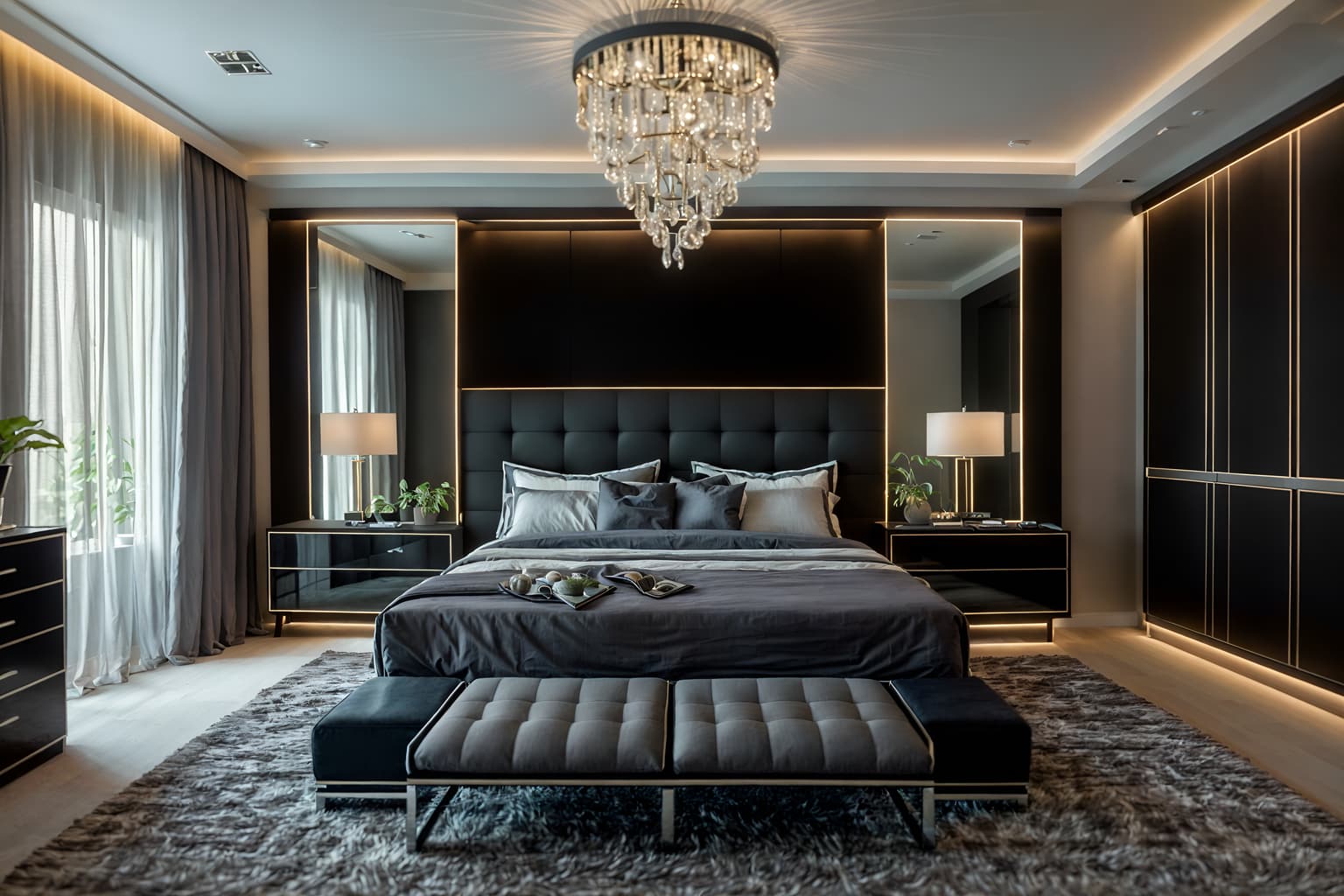 contemporary-style (bedroom interior) with night light and plant and bed and headboard and mirror and dresser closet and storage bench or ottoman and accent chair. . with . . cinematic photo, highly detailed, cinematic lighting, ultra-detailed, ultrarealistic, photorealism, 8k. contemporary interior design style. masterpiece, cinematic light, ultrarealistic+, photorealistic+, 8k, raw photo, realistic, sharp focus on eyes, (symmetrical eyes), (intact eyes), hyperrealistic, highest quality, best quality, , highly detailed, masterpiece, best quality, extremely detailed 8k wallpaper, masterpiece, best quality, ultra-detailed, best shadow, detailed background, detailed face, detailed eyes, high contrast, best illumination, detailed face, dulux, caustic, dynamic angle, detailed glow. dramatic lighting. highly detailed, insanely detailed hair, symmetrical, intricate details, professionally retouched, 8k high definition. strong bokeh. award winning photo.