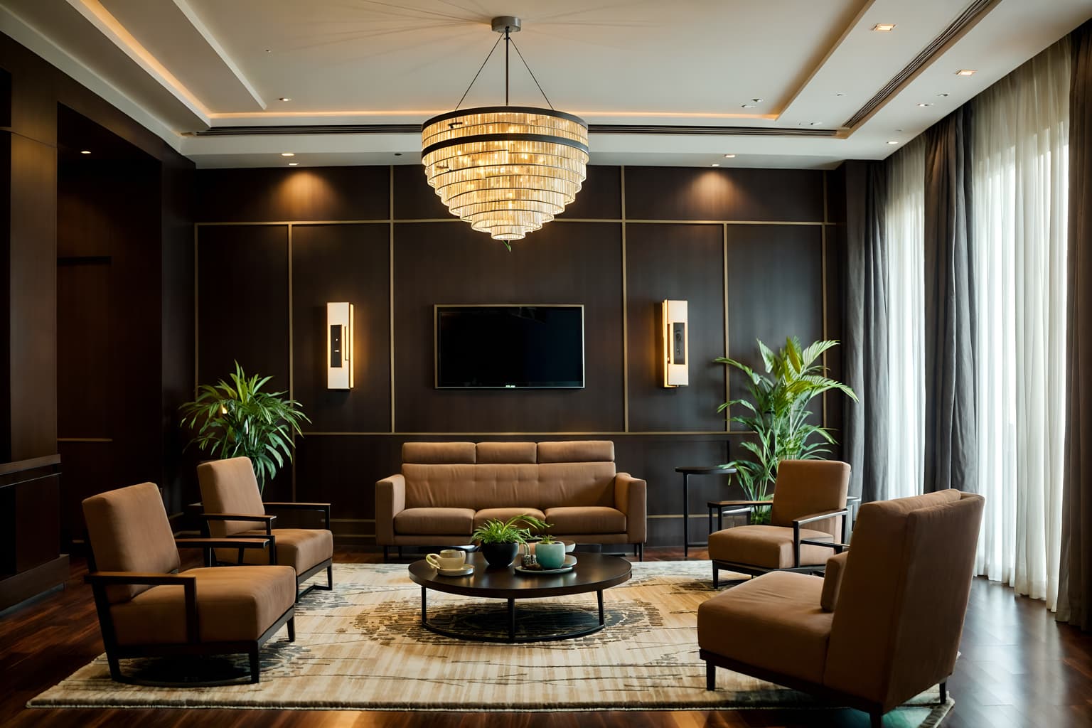 contemporary-style (hotel lobby interior) with coffee tables and lounge chairs and check in desk and hanging lamps and rug and furniture and sofas and plant. . with . . cinematic photo, highly detailed, cinematic lighting, ultra-detailed, ultrarealistic, photorealism, 8k. contemporary interior design style. masterpiece, cinematic light, ultrarealistic+, photorealistic+, 8k, raw photo, realistic, sharp focus on eyes, (symmetrical eyes), (intact eyes), hyperrealistic, highest quality, best quality, , highly detailed, masterpiece, best quality, extremely detailed 8k wallpaper, masterpiece, best quality, ultra-detailed, best shadow, detailed background, detailed face, detailed eyes, high contrast, best illumination, detailed face, dulux, caustic, dynamic angle, detailed glow. dramatic lighting. highly detailed, insanely detailed hair, symmetrical, intricate details, professionally retouched, 8k high definition. strong bokeh. award winning photo.