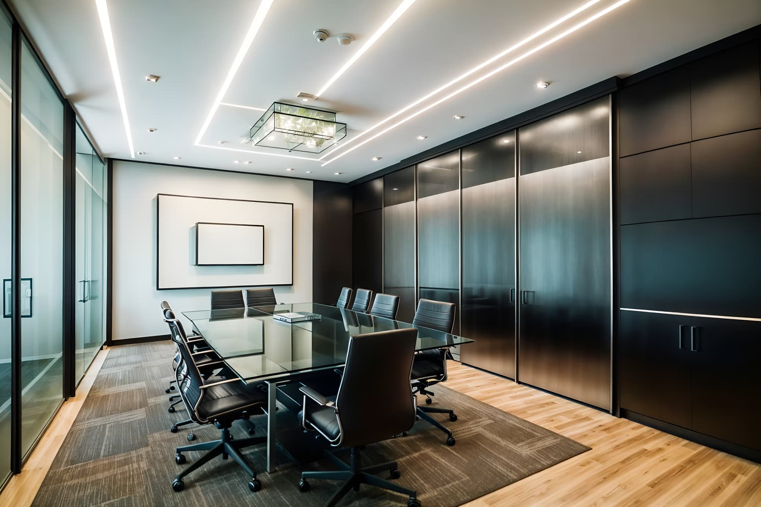 contemporary-style (meeting room interior) with glass doors and cabinets and vase and office chairs and plant and boardroom table and painting or photo on wall and glass walls. . with . . cinematic photo, highly detailed, cinematic lighting, ultra-detailed, ultrarealistic, photorealism, 8k. contemporary interior design style. masterpiece, cinematic light, ultrarealistic+, photorealistic+, 8k, raw photo, realistic, sharp focus on eyes, (symmetrical eyes), (intact eyes), hyperrealistic, highest quality, best quality, , highly detailed, masterpiece, best quality, extremely detailed 8k wallpaper, masterpiece, best quality, ultra-detailed, best shadow, detailed background, detailed face, detailed eyes, high contrast, best illumination, detailed face, dulux, caustic, dynamic angle, detailed glow. dramatic lighting. highly detailed, insanely detailed hair, symmetrical, intricate details, professionally retouched, 8k high definition. strong bokeh. award winning photo.