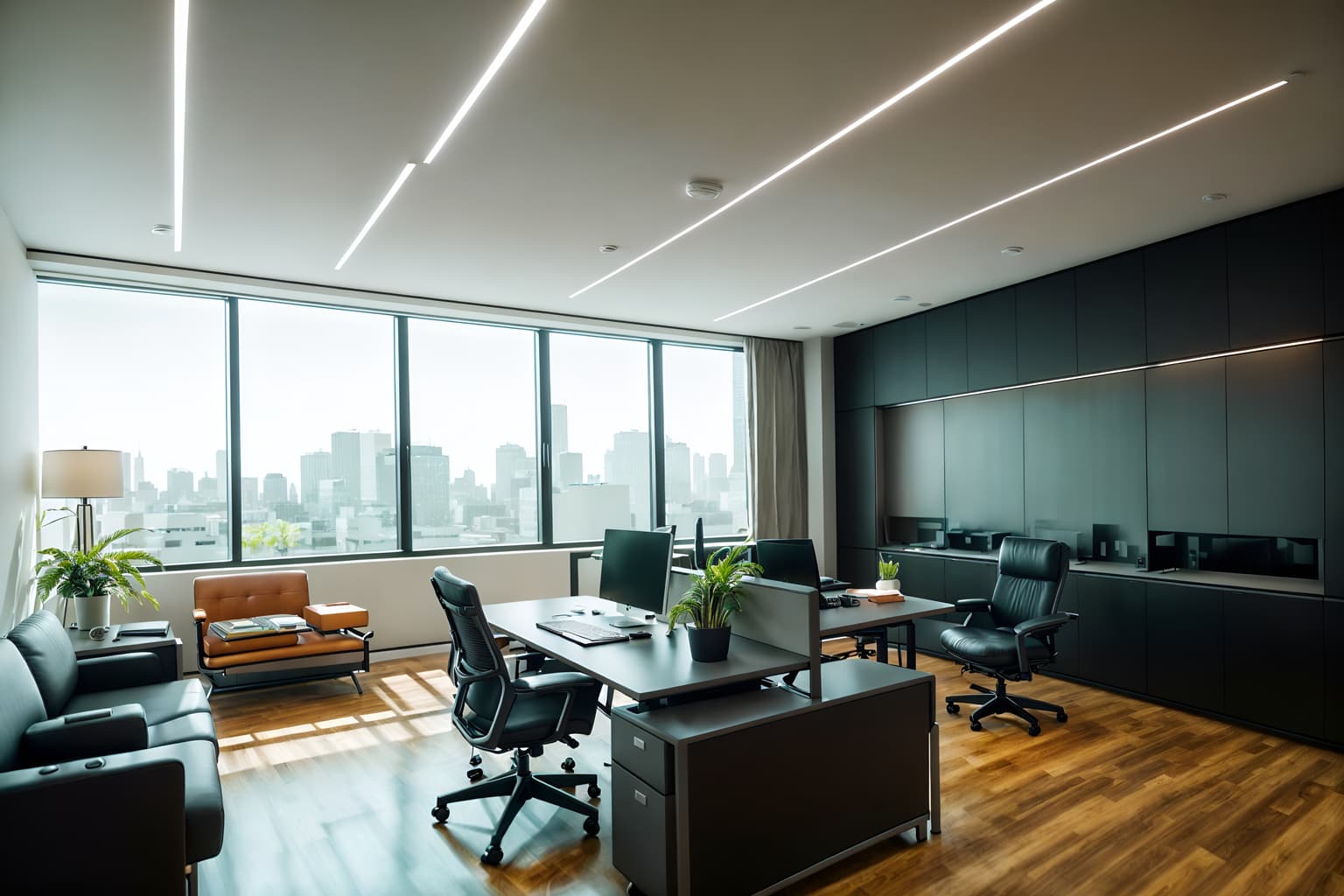 contemporary-style (office interior) with computer desks and plants and windows and seating area with sofa and cabinets and desk lamps and lounge chairs and office chairs. . with . . cinematic photo, highly detailed, cinematic lighting, ultra-detailed, ultrarealistic, photorealism, 8k. contemporary interior design style. masterpiece, cinematic light, ultrarealistic+, photorealistic+, 8k, raw photo, realistic, sharp focus on eyes, (symmetrical eyes), (intact eyes), hyperrealistic, highest quality, best quality, , highly detailed, masterpiece, best quality, extremely detailed 8k wallpaper, masterpiece, best quality, ultra-detailed, best shadow, detailed background, detailed face, detailed eyes, high contrast, best illumination, detailed face, dulux, caustic, dynamic angle, detailed glow. dramatic lighting. highly detailed, insanely detailed hair, symmetrical, intricate details, professionally retouched, 8k high definition. strong bokeh. award winning photo.