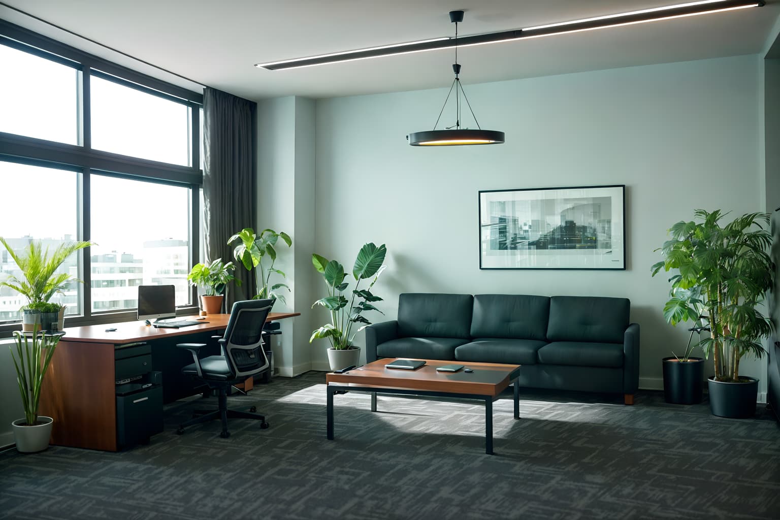 contemporary-style (office interior) with computer desks and plants and windows and seating area with sofa and cabinets and desk lamps and lounge chairs and office chairs. . with . . cinematic photo, highly detailed, cinematic lighting, ultra-detailed, ultrarealistic, photorealism, 8k. contemporary interior design style. masterpiece, cinematic light, ultrarealistic+, photorealistic+, 8k, raw photo, realistic, sharp focus on eyes, (symmetrical eyes), (intact eyes), hyperrealistic, highest quality, best quality, , highly detailed, masterpiece, best quality, extremely detailed 8k wallpaper, masterpiece, best quality, ultra-detailed, best shadow, detailed background, detailed face, detailed eyes, high contrast, best illumination, detailed face, dulux, caustic, dynamic angle, detailed glow. dramatic lighting. highly detailed, insanely detailed hair, symmetrical, intricate details, professionally retouched, 8k high definition. strong bokeh. award winning photo.