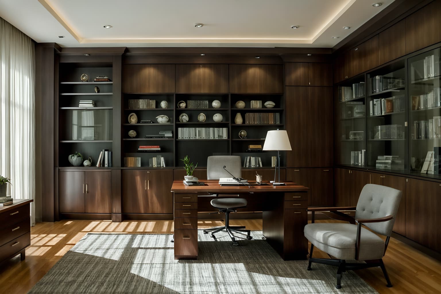contemporary-style (study room interior) with cabinets and writing desk and plant and office chair and bookshelves and desk lamp and lounge chair and cabinets. . with . . cinematic photo, highly detailed, cinematic lighting, ultra-detailed, ultrarealistic, photorealism, 8k. contemporary interior design style. masterpiece, cinematic light, ultrarealistic+, photorealistic+, 8k, raw photo, realistic, sharp focus on eyes, (symmetrical eyes), (intact eyes), hyperrealistic, highest quality, best quality, , highly detailed, masterpiece, best quality, extremely detailed 8k wallpaper, masterpiece, best quality, ultra-detailed, best shadow, detailed background, detailed face, detailed eyes, high contrast, best illumination, detailed face, dulux, caustic, dynamic angle, detailed glow. dramatic lighting. highly detailed, insanely detailed hair, symmetrical, intricate details, professionally retouched, 8k high definition. strong bokeh. award winning photo.