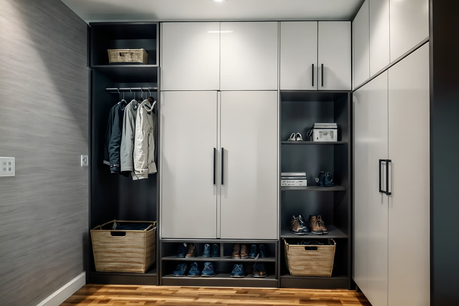 contemporary-style (drop zone interior) with storage baskets and storage drawers and cabinets and cubbies and a bench and wall hooks for coats and shelves for shoes and high up storage. . with . . cinematic photo, highly detailed, cinematic lighting, ultra-detailed, ultrarealistic, photorealism, 8k. contemporary interior design style. masterpiece, cinematic light, ultrarealistic+, photorealistic+, 8k, raw photo, realistic, sharp focus on eyes, (symmetrical eyes), (intact eyes), hyperrealistic, highest quality, best quality, , highly detailed, masterpiece, best quality, extremely detailed 8k wallpaper, masterpiece, best quality, ultra-detailed, best shadow, detailed background, detailed face, detailed eyes, high contrast, best illumination, detailed face, dulux, caustic, dynamic angle, detailed glow. dramatic lighting. highly detailed, insanely detailed hair, symmetrical, intricate details, professionally retouched, 8k high definition. strong bokeh. award winning photo.