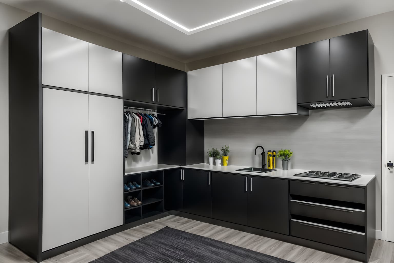 contemporary-style (drop zone interior) with storage baskets and storage drawers and cabinets and cubbies and a bench and wall hooks for coats and shelves for shoes and high up storage. . with . . cinematic photo, highly detailed, cinematic lighting, ultra-detailed, ultrarealistic, photorealism, 8k. contemporary interior design style. masterpiece, cinematic light, ultrarealistic+, photorealistic+, 8k, raw photo, realistic, sharp focus on eyes, (symmetrical eyes), (intact eyes), hyperrealistic, highest quality, best quality, , highly detailed, masterpiece, best quality, extremely detailed 8k wallpaper, masterpiece, best quality, ultra-detailed, best shadow, detailed background, detailed face, detailed eyes, high contrast, best illumination, detailed face, dulux, caustic, dynamic angle, detailed glow. dramatic lighting. highly detailed, insanely detailed hair, symmetrical, intricate details, professionally retouched, 8k high definition. strong bokeh. award winning photo.