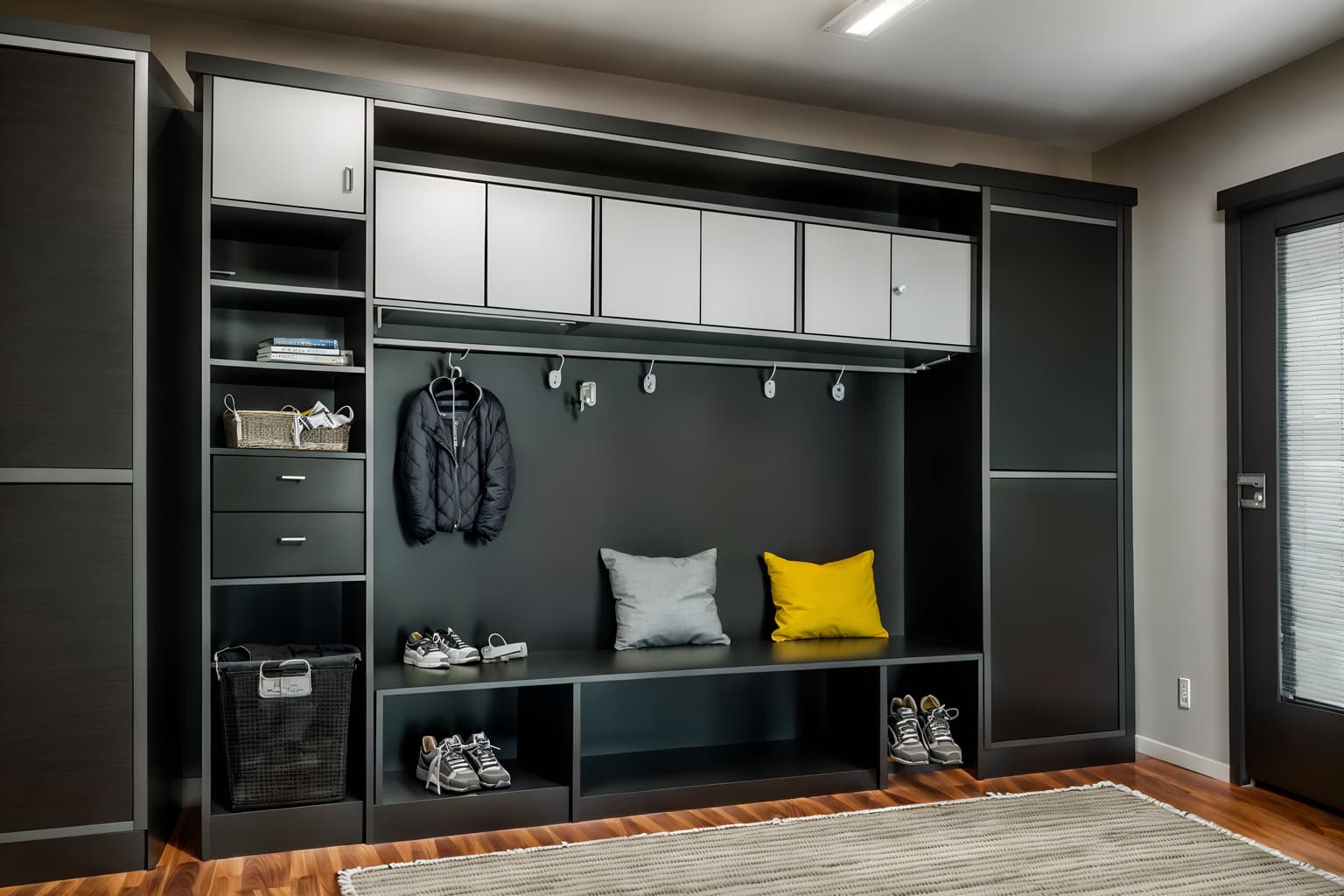 contemporary-style (drop zone interior) with storage baskets and storage drawers and cabinets and cubbies and a bench and wall hooks for coats and shelves for shoes and high up storage. . with . . cinematic photo, highly detailed, cinematic lighting, ultra-detailed, ultrarealistic, photorealism, 8k. contemporary interior design style. masterpiece, cinematic light, ultrarealistic+, photorealistic+, 8k, raw photo, realistic, sharp focus on eyes, (symmetrical eyes), (intact eyes), hyperrealistic, highest quality, best quality, , highly detailed, masterpiece, best quality, extremely detailed 8k wallpaper, masterpiece, best quality, ultra-detailed, best shadow, detailed background, detailed face, detailed eyes, high contrast, best illumination, detailed face, dulux, caustic, dynamic angle, detailed glow. dramatic lighting. highly detailed, insanely detailed hair, symmetrical, intricate details, professionally retouched, 8k high definition. strong bokeh. award winning photo.