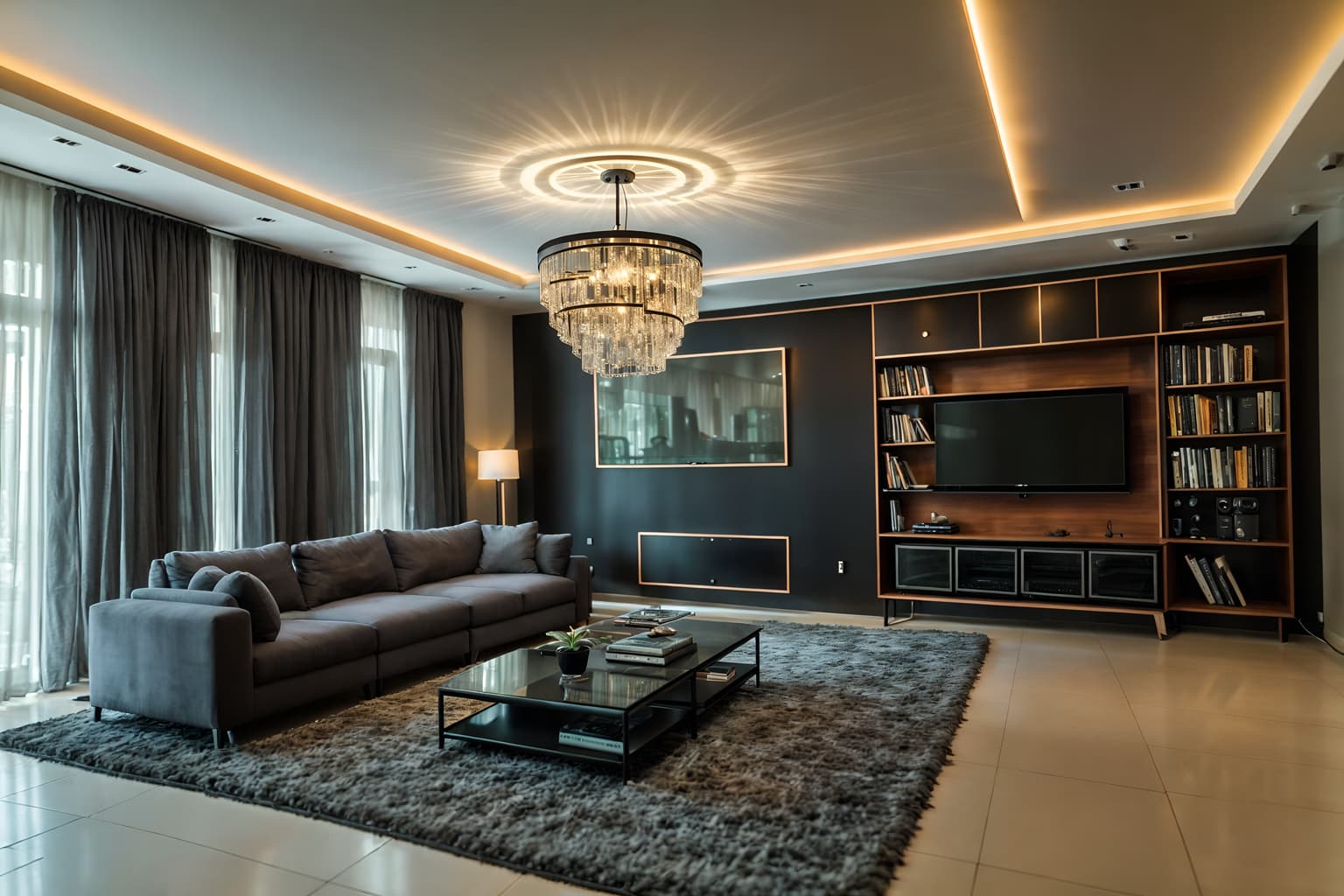 contemporary-style (living room interior) with televisions and bookshelves and coffee tables and electric lamps and chairs and plant and rug and occasional tables. . with . . cinematic photo, highly detailed, cinematic lighting, ultra-detailed, ultrarealistic, photorealism, 8k. contemporary interior design style. masterpiece, cinematic light, ultrarealistic+, photorealistic+, 8k, raw photo, realistic, sharp focus on eyes, (symmetrical eyes), (intact eyes), hyperrealistic, highest quality, best quality, , highly detailed, masterpiece, best quality, extremely detailed 8k wallpaper, masterpiece, best quality, ultra-detailed, best shadow, detailed background, detailed face, detailed eyes, high contrast, best illumination, detailed face, dulux, caustic, dynamic angle, detailed glow. dramatic lighting. highly detailed, insanely detailed hair, symmetrical, intricate details, professionally retouched, 8k high definition. strong bokeh. award winning photo.