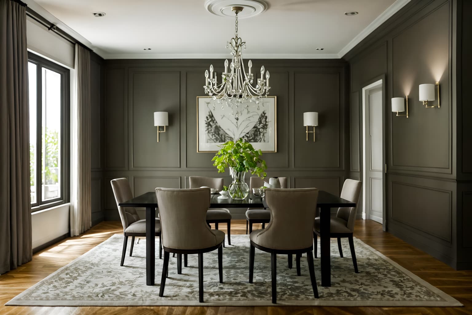 contemporary-style (dining room interior) with dining table chairs and plates, cutlery and glasses on dining table and dining table and light or chandelier and painting or photo on wall and table cloth and plant and vase. . with . . cinematic photo, highly detailed, cinematic lighting, ultra-detailed, ultrarealistic, photorealism, 8k. contemporary interior design style. masterpiece, cinematic light, ultrarealistic+, photorealistic+, 8k, raw photo, realistic, sharp focus on eyes, (symmetrical eyes), (intact eyes), hyperrealistic, highest quality, best quality, , highly detailed, masterpiece, best quality, extremely detailed 8k wallpaper, masterpiece, best quality, ultra-detailed, best shadow, detailed background, detailed face, detailed eyes, high contrast, best illumination, detailed face, dulux, caustic, dynamic angle, detailed glow. dramatic lighting. highly detailed, insanely detailed hair, symmetrical, intricate details, professionally retouched, 8k high definition. strong bokeh. award winning photo.