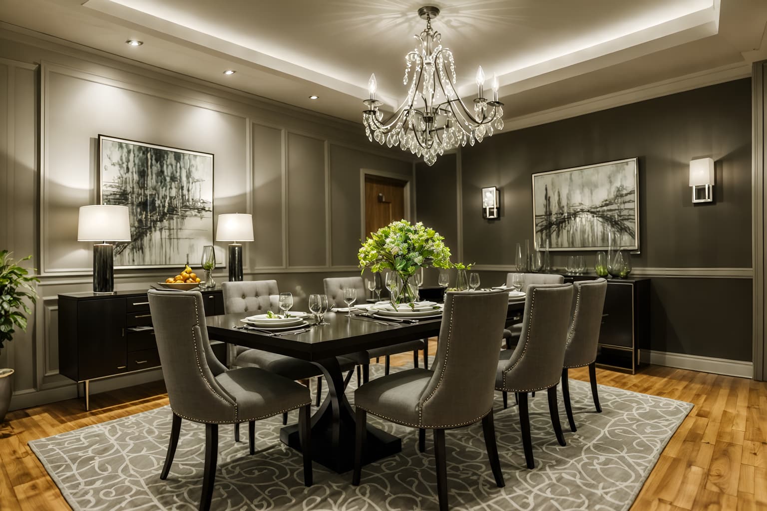 contemporary-style (dining room interior) with dining table chairs and plates, cutlery and glasses on dining table and dining table and light or chandelier and painting or photo on wall and table cloth and plant and vase. . with . . cinematic photo, highly detailed, cinematic lighting, ultra-detailed, ultrarealistic, photorealism, 8k. contemporary interior design style. masterpiece, cinematic light, ultrarealistic+, photorealistic+, 8k, raw photo, realistic, sharp focus on eyes, (symmetrical eyes), (intact eyes), hyperrealistic, highest quality, best quality, , highly detailed, masterpiece, best quality, extremely detailed 8k wallpaper, masterpiece, best quality, ultra-detailed, best shadow, detailed background, detailed face, detailed eyes, high contrast, best illumination, detailed face, dulux, caustic, dynamic angle, detailed glow. dramatic lighting. highly detailed, insanely detailed hair, symmetrical, intricate details, professionally retouched, 8k high definition. strong bokeh. award winning photo.