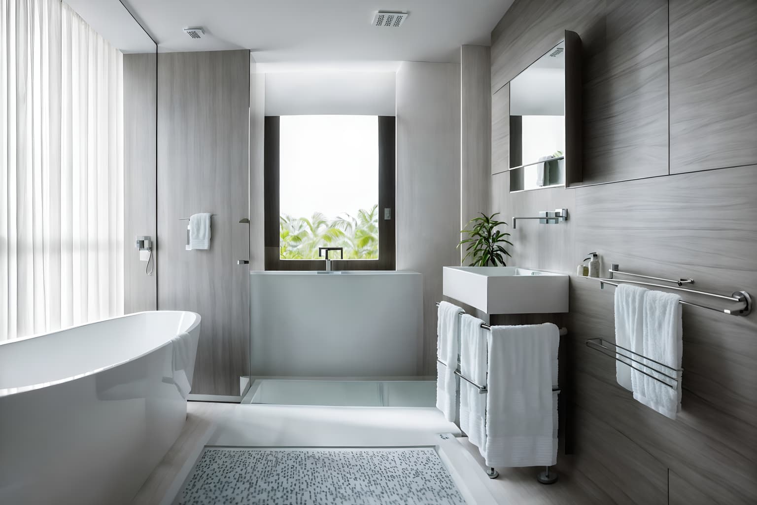 contemporary-style (hotel bathroom interior) with shower and waste basket and mirror and bath towel and bathtub and bathroom cabinet and plant and bath rail. . with . . cinematic photo, highly detailed, cinematic lighting, ultra-detailed, ultrarealistic, photorealism, 8k. contemporary interior design style. masterpiece, cinematic light, ultrarealistic+, photorealistic+, 8k, raw photo, realistic, sharp focus on eyes, (symmetrical eyes), (intact eyes), hyperrealistic, highest quality, best quality, , highly detailed, masterpiece, best quality, extremely detailed 8k wallpaper, masterpiece, best quality, ultra-detailed, best shadow, detailed background, detailed face, detailed eyes, high contrast, best illumination, detailed face, dulux, caustic, dynamic angle, detailed glow. dramatic lighting. highly detailed, insanely detailed hair, symmetrical, intricate details, professionally retouched, 8k high definition. strong bokeh. award winning photo.