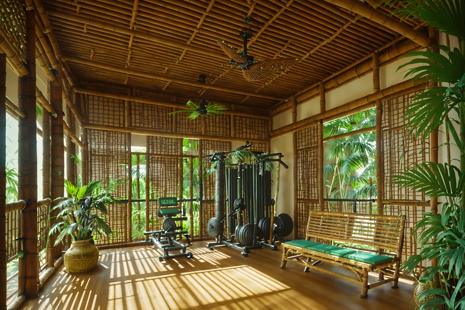 tropical-style (fitness gym interior) with squat rack and bench press and exercise bicycle and dumbbell stand and crosstrainer and squat rack. . with bamboo and teak and wicker and rattan and cane motifs and palm leaves and lattice prints and palm trees. . cinematic photo, highly detailed, cinematic lighting, ultra-detailed, ultrarealistic, photorealism, 8k. tropical interior design style. masterpiece, cinematic light, ultrarealistic+, photorealistic+, 8k, raw photo, realistic, sharp focus on eyes, (symmetrical eyes), (intact eyes), hyperrealistic, highest quality, best quality, , highly detailed, masterpiece, best quality, extremely detailed 8k wallpaper, masterpiece, best quality, ultra-detailed, best shadow, detailed background, detailed face, detailed eyes, high contrast, best illumination, detailed face, dulux, caustic, dynamic angle, detailed glow. dramatic lighting. highly detailed, insanely detailed hair, symmetrical, intricate details, professionally retouched, 8k high definition. strong bokeh. award winning photo.