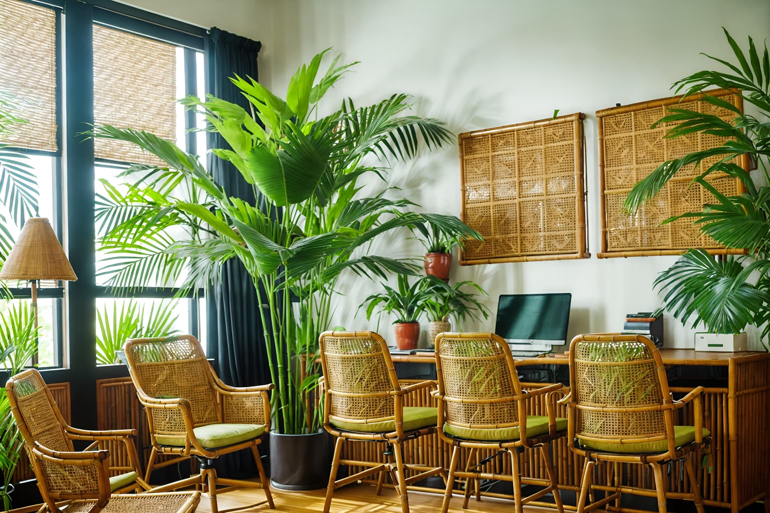 tropical-style (office interior) with lounge chairs and office chairs and windows and cabinets and plants and computer desks and office desks and desk lamps. . with wicker and teak and cane motifs and palm leaves and bamboo and lattice prints and rattan and palm trees. . cinematic photo, highly detailed, cinematic lighting, ultra-detailed, ultrarealistic, photorealism, 8k. tropical interior design style. masterpiece, cinematic light, ultrarealistic+, photorealistic+, 8k, raw photo, realistic, sharp focus on eyes, (symmetrical eyes), (intact eyes), hyperrealistic, highest quality, best quality, , highly detailed, masterpiece, best quality, extremely detailed 8k wallpaper, masterpiece, best quality, ultra-detailed, best shadow, detailed background, detailed face, detailed eyes, high contrast, best illumination, detailed face, dulux, caustic, dynamic angle, detailed glow. dramatic lighting. highly detailed, insanely detailed hair, symmetrical, intricate details, professionally retouched, 8k high definition. strong bokeh. award winning photo.