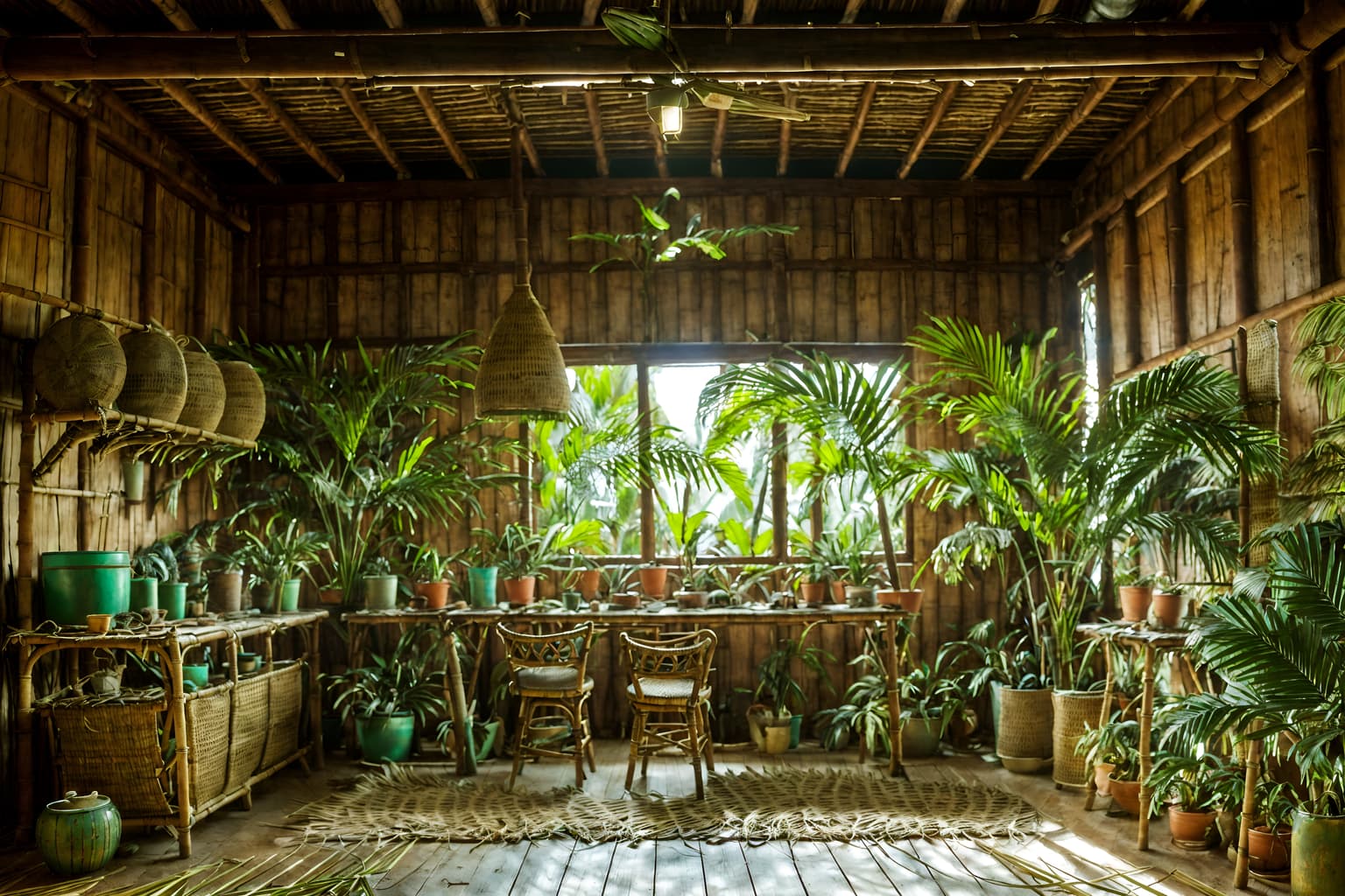 tropical-style (workshop interior) with messy and wooden workbench and tool wall and messy. . with rattan and palm trees and teak and lattice prints and wicker and palm leaves and cane motifs and bamboo. . cinematic photo, highly detailed, cinematic lighting, ultra-detailed, ultrarealistic, photorealism, 8k. tropical interior design style. masterpiece, cinematic light, ultrarealistic+, photorealistic+, 8k, raw photo, realistic, sharp focus on eyes, (symmetrical eyes), (intact eyes), hyperrealistic, highest quality, best quality, , highly detailed, masterpiece, best quality, extremely detailed 8k wallpaper, masterpiece, best quality, ultra-detailed, best shadow, detailed background, detailed face, detailed eyes, high contrast, best illumination, detailed face, dulux, caustic, dynamic angle, detailed glow. dramatic lighting. highly detailed, insanely detailed hair, symmetrical, intricate details, professionally retouched, 8k high definition. strong bokeh. award winning photo.