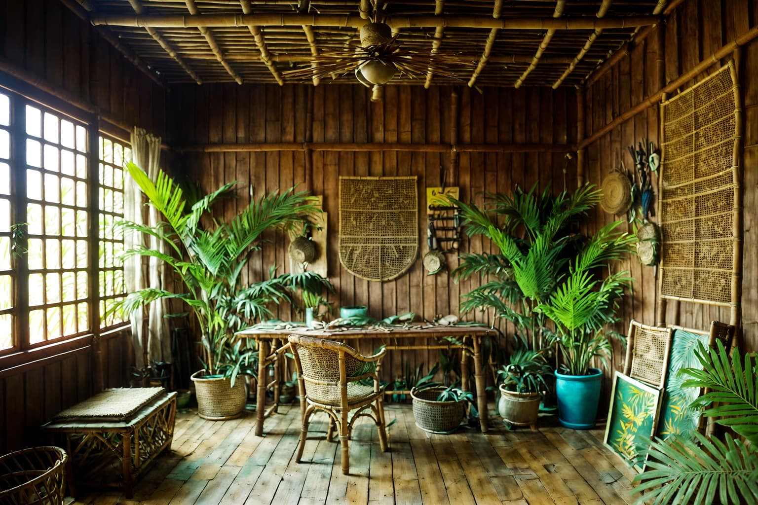 tropical-style (workshop interior) with messy and wooden workbench and tool wall and messy. . with rattan and palm trees and teak and lattice prints and wicker and palm leaves and cane motifs and bamboo. . cinematic photo, highly detailed, cinematic lighting, ultra-detailed, ultrarealistic, photorealism, 8k. tropical interior design style. masterpiece, cinematic light, ultrarealistic+, photorealistic+, 8k, raw photo, realistic, sharp focus on eyes, (symmetrical eyes), (intact eyes), hyperrealistic, highest quality, best quality, , highly detailed, masterpiece, best quality, extremely detailed 8k wallpaper, masterpiece, best quality, ultra-detailed, best shadow, detailed background, detailed face, detailed eyes, high contrast, best illumination, detailed face, dulux, caustic, dynamic angle, detailed glow. dramatic lighting. highly detailed, insanely detailed hair, symmetrical, intricate details, professionally retouched, 8k high definition. strong bokeh. award winning photo.