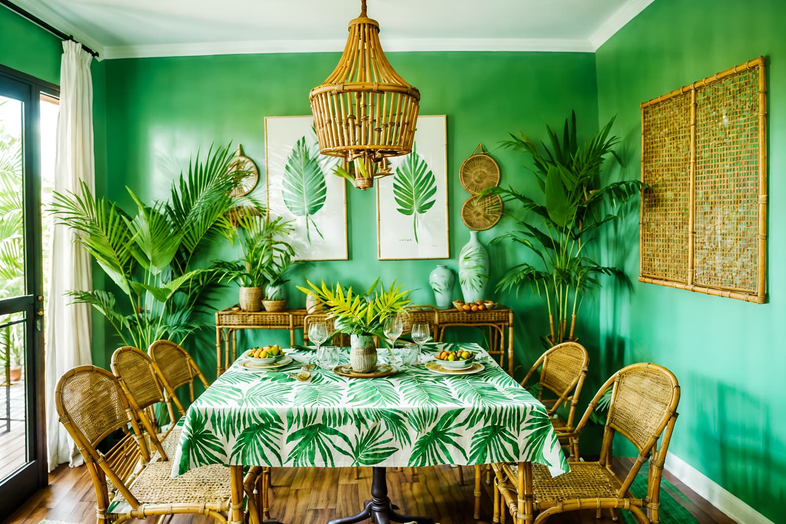 tropical-style (dining room interior) with plates, cutlery and glasses on dining table and table cloth and painting or photo on wall and plant and bookshelves and dining table and light or chandelier and vase. . with lattice prints and palm trees and rattan and palm leaves and cane motifs and bamboo and wicker and teak. . cinematic photo, highly detailed, cinematic lighting, ultra-detailed, ultrarealistic, photorealism, 8k. tropical interior design style. masterpiece, cinematic light, ultrarealistic+, photorealistic+, 8k, raw photo, realistic, sharp focus on eyes, (symmetrical eyes), (intact eyes), hyperrealistic, highest quality, best quality, , highly detailed, masterpiece, best quality, extremely detailed 8k wallpaper, masterpiece, best quality, ultra-detailed, best shadow, detailed background, detailed face, detailed eyes, high contrast, best illumination, detailed face, dulux, caustic, dynamic angle, detailed glow. dramatic lighting. highly detailed, insanely detailed hair, symmetrical, intricate details, professionally retouched, 8k high definition. strong bokeh. award winning photo.