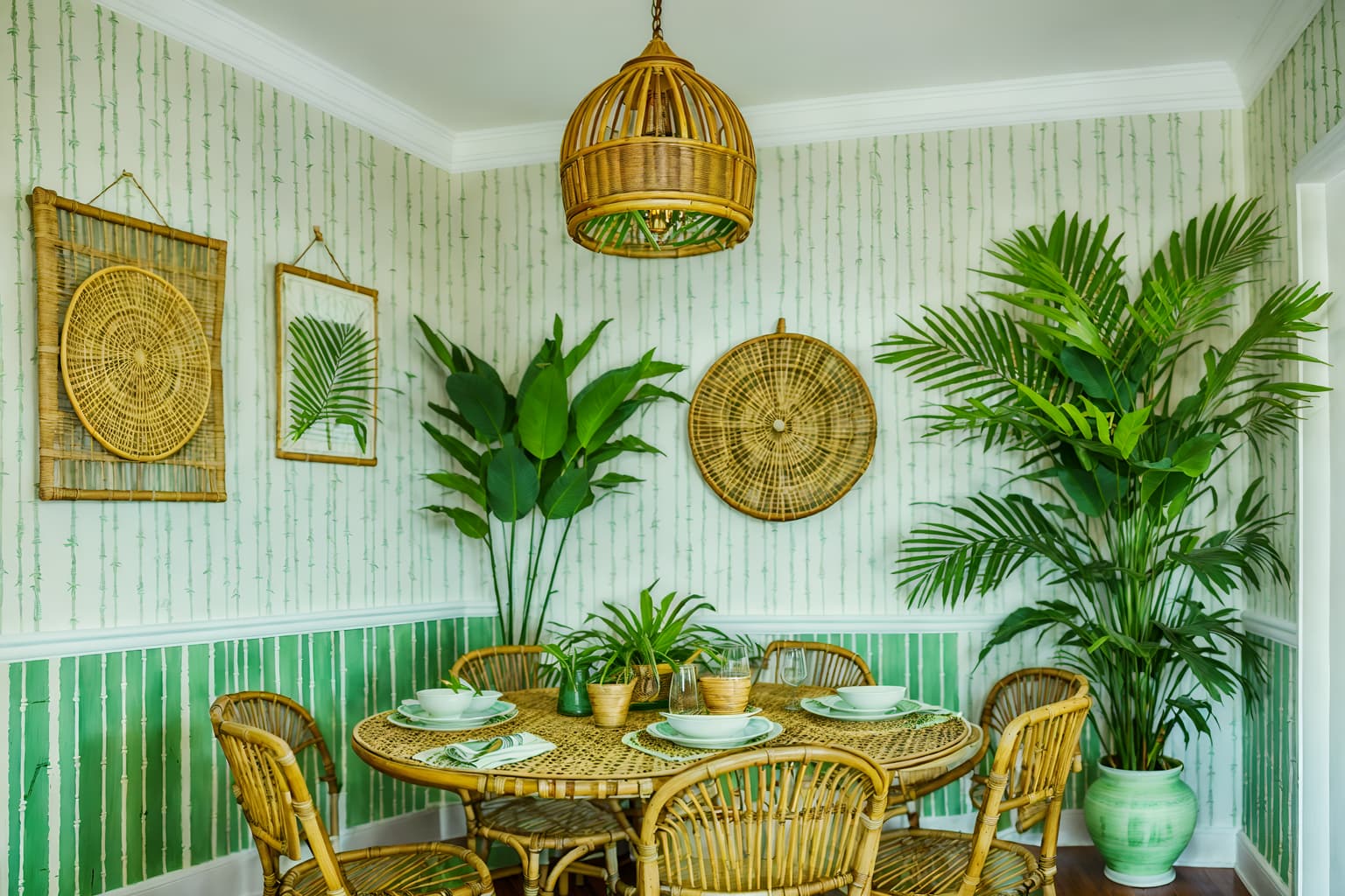 tropical-style (dining room interior) with plates, cutlery and glasses on dining table and table cloth and painting or photo on wall and plant and bookshelves and dining table and light or chandelier and vase. . with lattice prints and palm trees and rattan and palm leaves and cane motifs and bamboo and wicker and teak. . cinematic photo, highly detailed, cinematic lighting, ultra-detailed, ultrarealistic, photorealism, 8k. tropical interior design style. masterpiece, cinematic light, ultrarealistic+, photorealistic+, 8k, raw photo, realistic, sharp focus on eyes, (symmetrical eyes), (intact eyes), hyperrealistic, highest quality, best quality, , highly detailed, masterpiece, best quality, extremely detailed 8k wallpaper, masterpiece, best quality, ultra-detailed, best shadow, detailed background, detailed face, detailed eyes, high contrast, best illumination, detailed face, dulux, caustic, dynamic angle, detailed glow. dramatic lighting. highly detailed, insanely detailed hair, symmetrical, intricate details, professionally retouched, 8k high definition. strong bokeh. award winning photo.