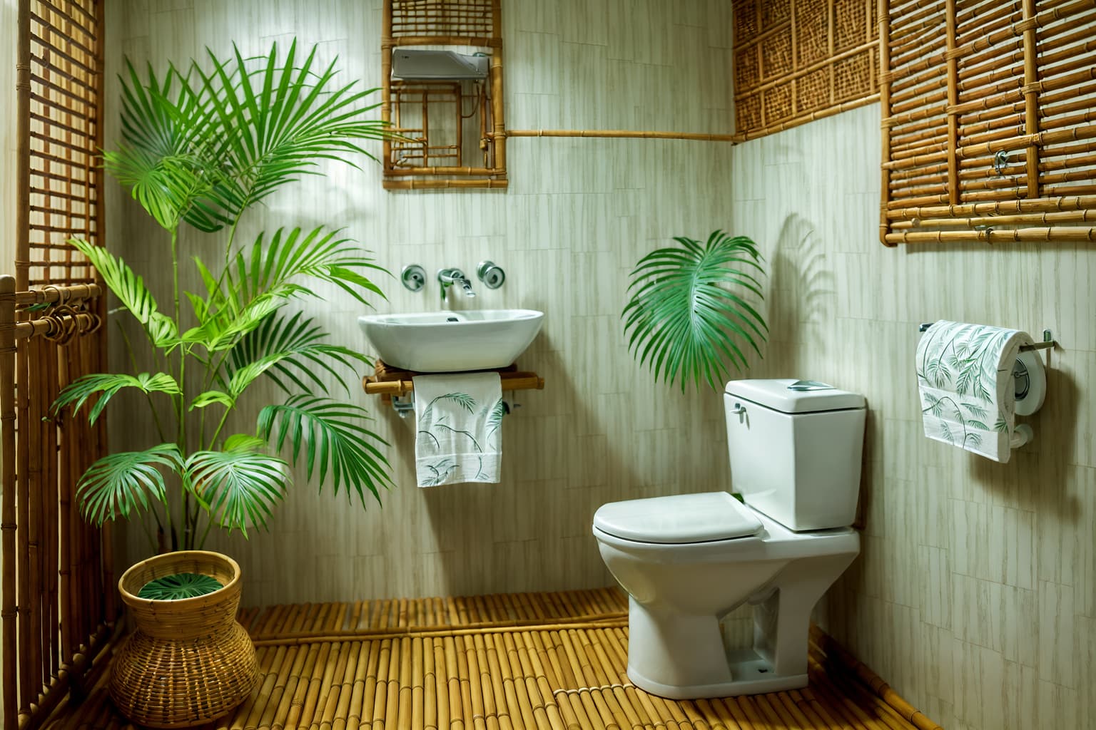 tropical-style (toilet interior) with toilet paper hanger and sink with tap and toilet with toilet seat up and toilet paper hanger. . with wicker and palm leaves and rattan and cane motifs and lattice prints and bamboo and teak and palm trees. . cinematic photo, highly detailed, cinematic lighting, ultra-detailed, ultrarealistic, photorealism, 8k. tropical interior design style. masterpiece, cinematic light, ultrarealistic+, photorealistic+, 8k, raw photo, realistic, sharp focus on eyes, (symmetrical eyes), (intact eyes), hyperrealistic, highest quality, best quality, , highly detailed, masterpiece, best quality, extremely detailed 8k wallpaper, masterpiece, best quality, ultra-detailed, best shadow, detailed background, detailed face, detailed eyes, high contrast, best illumination, detailed face, dulux, caustic, dynamic angle, detailed glow. dramatic lighting. highly detailed, insanely detailed hair, symmetrical, intricate details, professionally retouched, 8k high definition. strong bokeh. award winning photo.