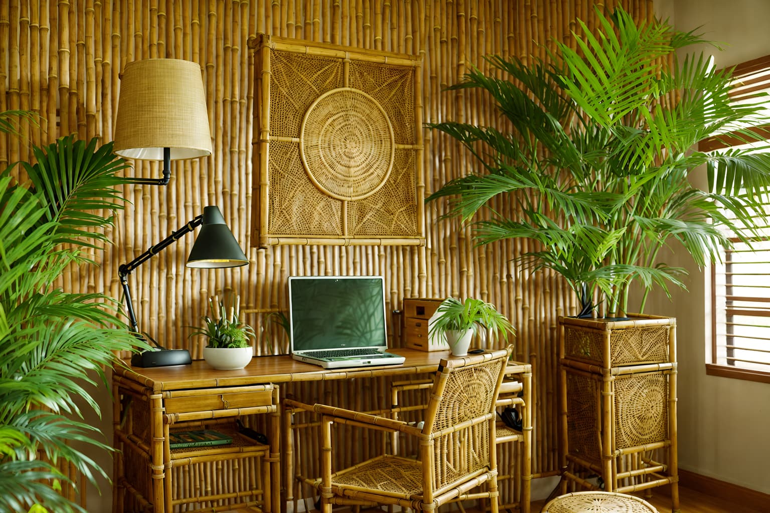tropical-style (home office interior) with cabinets and plant and computer desk and desk lamp and office chair and cabinets. . with bamboo and palm leaves and lattice prints and rattan and palm trees and wicker and cane motifs and teak. . cinematic photo, highly detailed, cinematic lighting, ultra-detailed, ultrarealistic, photorealism, 8k. tropical interior design style. masterpiece, cinematic light, ultrarealistic+, photorealistic+, 8k, raw photo, realistic, sharp focus on eyes, (symmetrical eyes), (intact eyes), hyperrealistic, highest quality, best quality, , highly detailed, masterpiece, best quality, extremely detailed 8k wallpaper, masterpiece, best quality, ultra-detailed, best shadow, detailed background, detailed face, detailed eyes, high contrast, best illumination, detailed face, dulux, caustic, dynamic angle, detailed glow. dramatic lighting. highly detailed, insanely detailed hair, symmetrical, intricate details, professionally retouched, 8k high definition. strong bokeh. award winning photo.