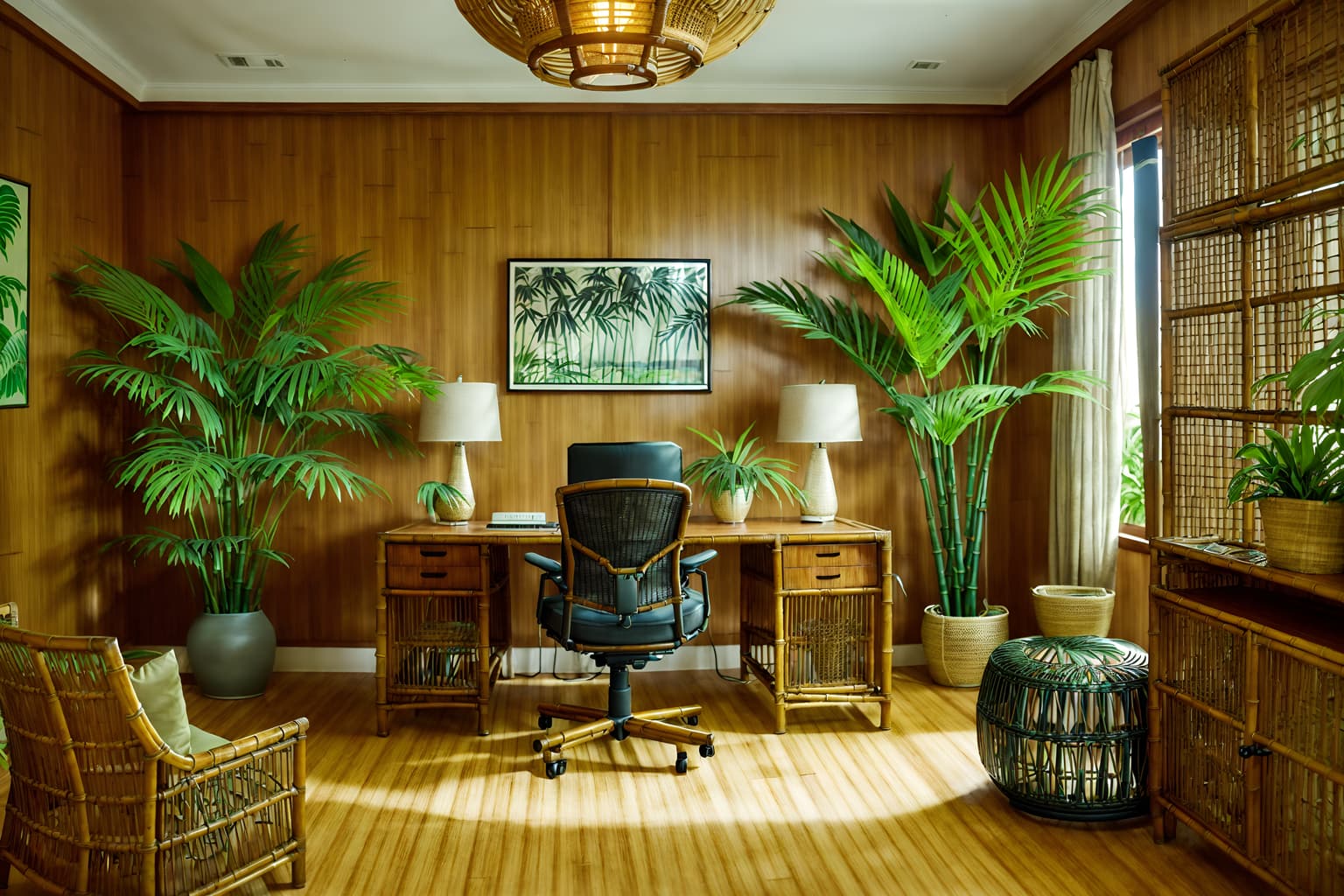 tropical-style (home office interior) with cabinets and plant and computer desk and desk lamp and office chair and cabinets. . with bamboo and palm leaves and lattice prints and rattan and palm trees and wicker and cane motifs and teak. . cinematic photo, highly detailed, cinematic lighting, ultra-detailed, ultrarealistic, photorealism, 8k. tropical interior design style. masterpiece, cinematic light, ultrarealistic+, photorealistic+, 8k, raw photo, realistic, sharp focus on eyes, (symmetrical eyes), (intact eyes), hyperrealistic, highest quality, best quality, , highly detailed, masterpiece, best quality, extremely detailed 8k wallpaper, masterpiece, best quality, ultra-detailed, best shadow, detailed background, detailed face, detailed eyes, high contrast, best illumination, detailed face, dulux, caustic, dynamic angle, detailed glow. dramatic lighting. highly detailed, insanely detailed hair, symmetrical, intricate details, professionally retouched, 8k high definition. strong bokeh. award winning photo.