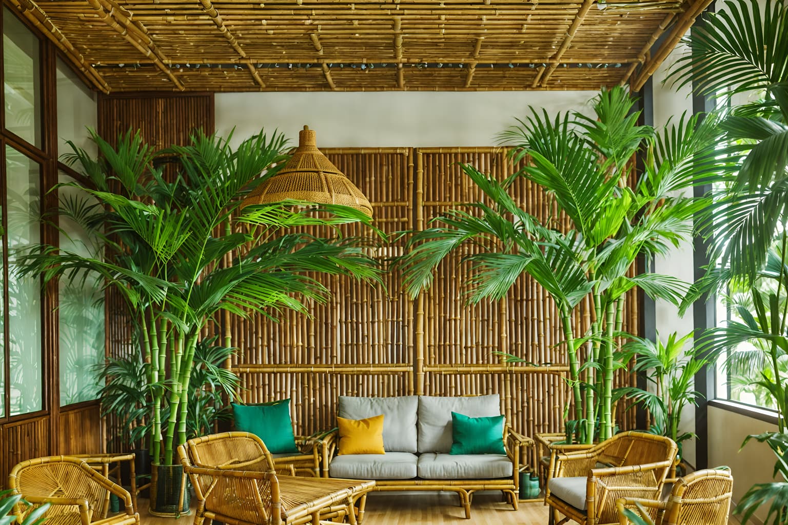 tropical-style (coworking space interior) with office desks and lounge chairs and office chairs and seating area with sofa and office desks. . with wicker and palm leaves and palm trees and teak and lattice prints and bamboo and cane motifs and rattan. . cinematic photo, highly detailed, cinematic lighting, ultra-detailed, ultrarealistic, photorealism, 8k. tropical interior design style. masterpiece, cinematic light, ultrarealistic+, photorealistic+, 8k, raw photo, realistic, sharp focus on eyes, (symmetrical eyes), (intact eyes), hyperrealistic, highest quality, best quality, , highly detailed, masterpiece, best quality, extremely detailed 8k wallpaper, masterpiece, best quality, ultra-detailed, best shadow, detailed background, detailed face, detailed eyes, high contrast, best illumination, detailed face, dulux, caustic, dynamic angle, detailed glow. dramatic lighting. highly detailed, insanely detailed hair, symmetrical, intricate details, professionally retouched, 8k high definition. strong bokeh. award winning photo.