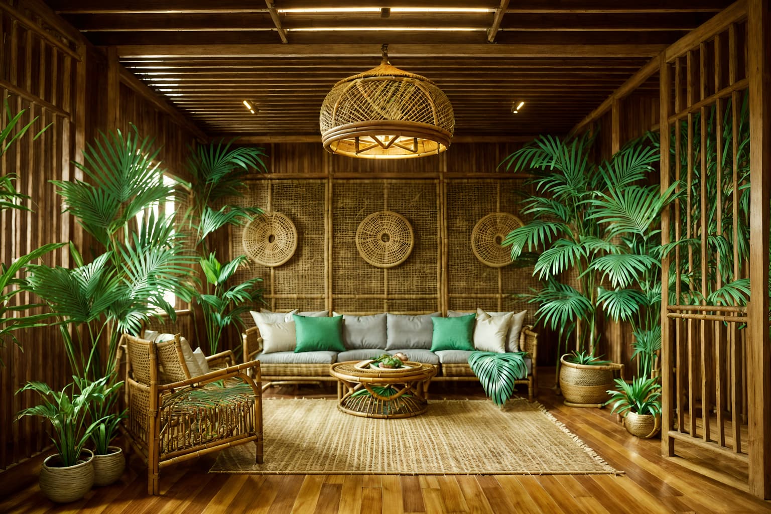 tropical-style (exhibition space interior) . with teak and palm trees and rattan and palm leaves and lattice prints and bamboo and cane motifs and wicker. . cinematic photo, highly detailed, cinematic lighting, ultra-detailed, ultrarealistic, photorealism, 8k. tropical interior design style. masterpiece, cinematic light, ultrarealistic+, photorealistic+, 8k, raw photo, realistic, sharp focus on eyes, (symmetrical eyes), (intact eyes), hyperrealistic, highest quality, best quality, , highly detailed, masterpiece, best quality, extremely detailed 8k wallpaper, masterpiece, best quality, ultra-detailed, best shadow, detailed background, detailed face, detailed eyes, high contrast, best illumination, detailed face, dulux, caustic, dynamic angle, detailed glow. dramatic lighting. highly detailed, insanely detailed hair, symmetrical, intricate details, professionally retouched, 8k high definition. strong bokeh. award winning photo.