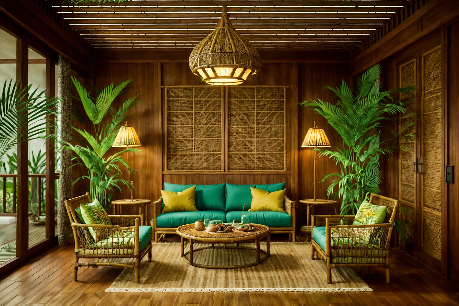 tropical-style (exhibition space interior) . with teak and palm trees and rattan and palm leaves and lattice prints and bamboo and cane motifs and wicker. . cinematic photo, highly detailed, cinematic lighting, ultra-detailed, ultrarealistic, photorealism, 8k. tropical interior design style. masterpiece, cinematic light, ultrarealistic+, photorealistic+, 8k, raw photo, realistic, sharp focus on eyes, (symmetrical eyes), (intact eyes), hyperrealistic, highest quality, best quality, , highly detailed, masterpiece, best quality, extremely detailed 8k wallpaper, masterpiece, best quality, ultra-detailed, best shadow, detailed background, detailed face, detailed eyes, high contrast, best illumination, detailed face, dulux, caustic, dynamic angle, detailed glow. dramatic lighting. highly detailed, insanely detailed hair, symmetrical, intricate details, professionally retouched, 8k high definition. strong bokeh. award winning photo.