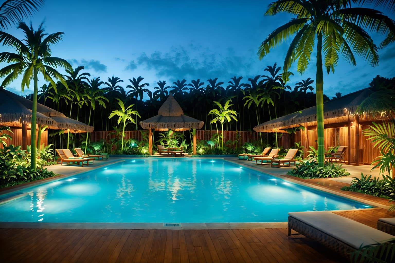tropical-style designed (outdoor pool area ) with pool lights and pool lounge chairs and pool and pool lights. . with rattan and lattice prints and palm leaves and palm trees and wicker and teak and cane motifs and bamboo. . cinematic photo, highly detailed, cinematic lighting, ultra-detailed, ultrarealistic, photorealism, 8k. tropical design style. masterpiece, cinematic light, ultrarealistic+, photorealistic+, 8k, raw photo, realistic, sharp focus on eyes, (symmetrical eyes), (intact eyes), hyperrealistic, highest quality, best quality, , highly detailed, masterpiece, best quality, extremely detailed 8k wallpaper, masterpiece, best quality, ultra-detailed, best shadow, detailed background, detailed face, detailed eyes, high contrast, best illumination, detailed face, dulux, caustic, dynamic angle, detailed glow. dramatic lighting. highly detailed, insanely detailed hair, symmetrical, intricate details, professionally retouched, 8k high definition. strong bokeh. award winning photo.
