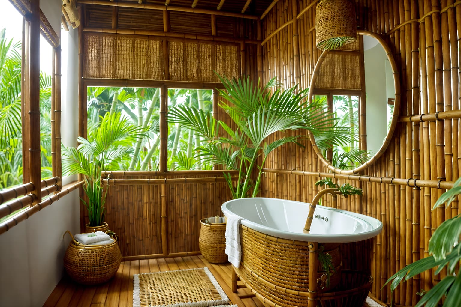 tropical-style (bathroom interior) with bath towel and bathroom sink with faucet and bathroom cabinet and mirror and shower and waste basket and plant and bath rail. . with bamboo and teak and lattice prints and cane motifs and palm trees and rattan and wicker and palm leaves. . cinematic photo, highly detailed, cinematic lighting, ultra-detailed, ultrarealistic, photorealism, 8k. tropical interior design style. masterpiece, cinematic light, ultrarealistic+, photorealistic+, 8k, raw photo, realistic, sharp focus on eyes, (symmetrical eyes), (intact eyes), hyperrealistic, highest quality, best quality, , highly detailed, masterpiece, best quality, extremely detailed 8k wallpaper, masterpiece, best quality, ultra-detailed, best shadow, detailed background, detailed face, detailed eyes, high contrast, best illumination, detailed face, dulux, caustic, dynamic angle, detailed glow. dramatic lighting. highly detailed, insanely detailed hair, symmetrical, intricate details, professionally retouched, 8k high definition. strong bokeh. award winning photo.