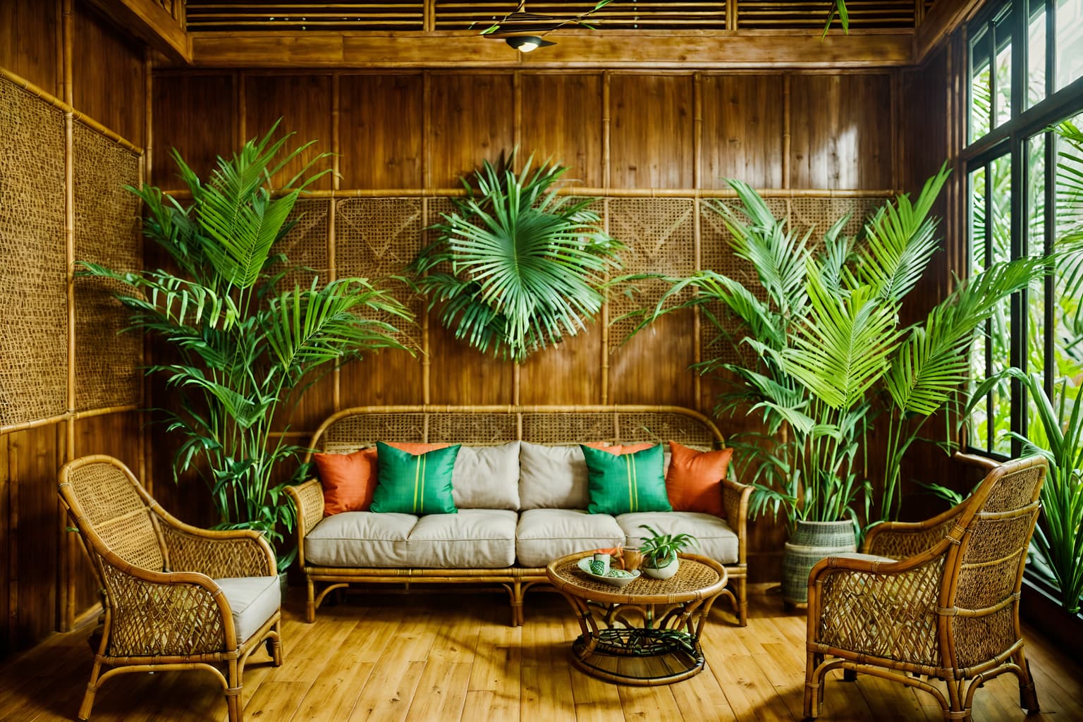 tropical-style (coffee shop interior) . with wicker and palm leaves and cane motifs and lattice prints and palm trees and rattan and teak and bamboo. . cinematic photo, highly detailed, cinematic lighting, ultra-detailed, ultrarealistic, photorealism, 8k. tropical interior design style. masterpiece, cinematic light, ultrarealistic+, photorealistic+, 8k, raw photo, realistic, sharp focus on eyes, (symmetrical eyes), (intact eyes), hyperrealistic, highest quality, best quality, , highly detailed, masterpiece, best quality, extremely detailed 8k wallpaper, masterpiece, best quality, ultra-detailed, best shadow, detailed background, detailed face, detailed eyes, high contrast, best illumination, detailed face, dulux, caustic, dynamic angle, detailed glow. dramatic lighting. highly detailed, insanely detailed hair, symmetrical, intricate details, professionally retouched, 8k high definition. strong bokeh. award winning photo.