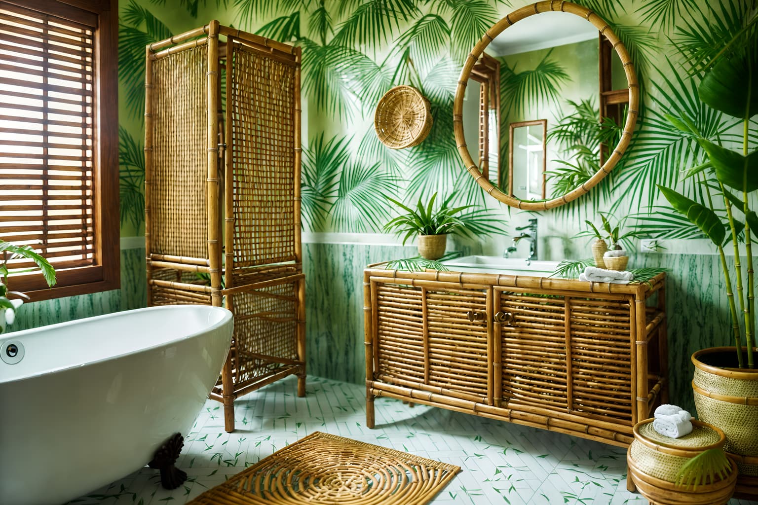 tropical-style (hotel bathroom interior) with bathroom cabinet and mirror and bathroom sink with faucet and bath towel and bathtub and shower and toilet seat and plant. . with cane motifs and rattan and lattice prints and wicker and teak and palm leaves and palm trees and bamboo. . cinematic photo, highly detailed, cinematic lighting, ultra-detailed, ultrarealistic, photorealism, 8k. tropical interior design style. masterpiece, cinematic light, ultrarealistic+, photorealistic+, 8k, raw photo, realistic, sharp focus on eyes, (symmetrical eyes), (intact eyes), hyperrealistic, highest quality, best quality, , highly detailed, masterpiece, best quality, extremely detailed 8k wallpaper, masterpiece, best quality, ultra-detailed, best shadow, detailed background, detailed face, detailed eyes, high contrast, best illumination, detailed face, dulux, caustic, dynamic angle, detailed glow. dramatic lighting. highly detailed, insanely detailed hair, symmetrical, intricate details, professionally retouched, 8k high definition. strong bokeh. award winning photo.