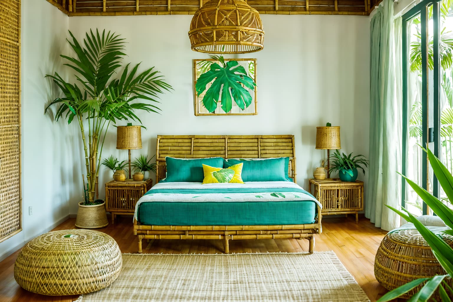 tropical-style (kids room interior) with headboard and accent chair and storage bench or ottoman and plant and bed and bedside table or night stand and night light and mirror. . with palm leaves and wicker and teak and cane motifs and rattan and lattice prints and palm trees and bamboo. . cinematic photo, highly detailed, cinematic lighting, ultra-detailed, ultrarealistic, photorealism, 8k. tropical interior design style. masterpiece, cinematic light, ultrarealistic+, photorealistic+, 8k, raw photo, realistic, sharp focus on eyes, (symmetrical eyes), (intact eyes), hyperrealistic, highest quality, best quality, , highly detailed, masterpiece, best quality, extremely detailed 8k wallpaper, masterpiece, best quality, ultra-detailed, best shadow, detailed background, detailed face, detailed eyes, high contrast, best illumination, detailed face, dulux, caustic, dynamic angle, detailed glow. dramatic lighting. highly detailed, insanely detailed hair, symmetrical, intricate details, professionally retouched, 8k high definition. strong bokeh. award winning photo.