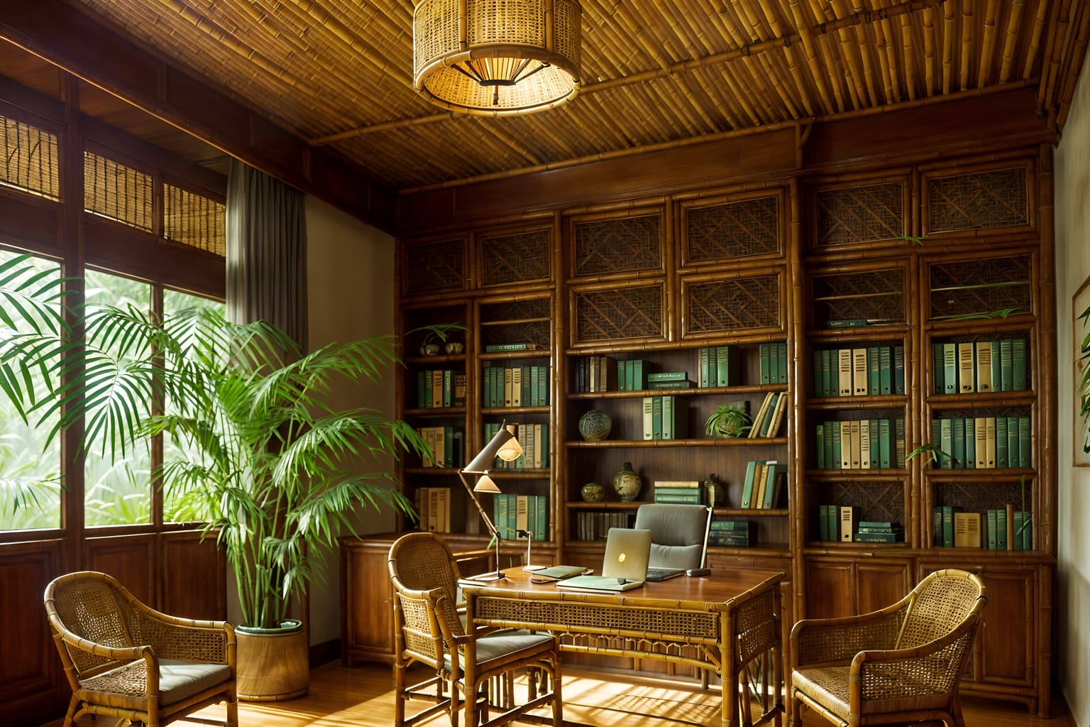 tropical-style (study room interior) with desk lamp and cabinets and bookshelves and writing desk and office chair and plant and lounge chair and desk lamp. . with bamboo and cane motifs and rattan and wicker and palm trees and teak and palm leaves and lattice prints. . cinematic photo, highly detailed, cinematic lighting, ultra-detailed, ultrarealistic, photorealism, 8k. tropical interior design style. masterpiece, cinematic light, ultrarealistic+, photorealistic+, 8k, raw photo, realistic, sharp focus on eyes, (symmetrical eyes), (intact eyes), hyperrealistic, highest quality, best quality, , highly detailed, masterpiece, best quality, extremely detailed 8k wallpaper, masterpiece, best quality, ultra-detailed, best shadow, detailed background, detailed face, detailed eyes, high contrast, best illumination, detailed face, dulux, caustic, dynamic angle, detailed glow. dramatic lighting. highly detailed, insanely detailed hair, symmetrical, intricate details, professionally retouched, 8k high definition. strong bokeh. award winning photo.