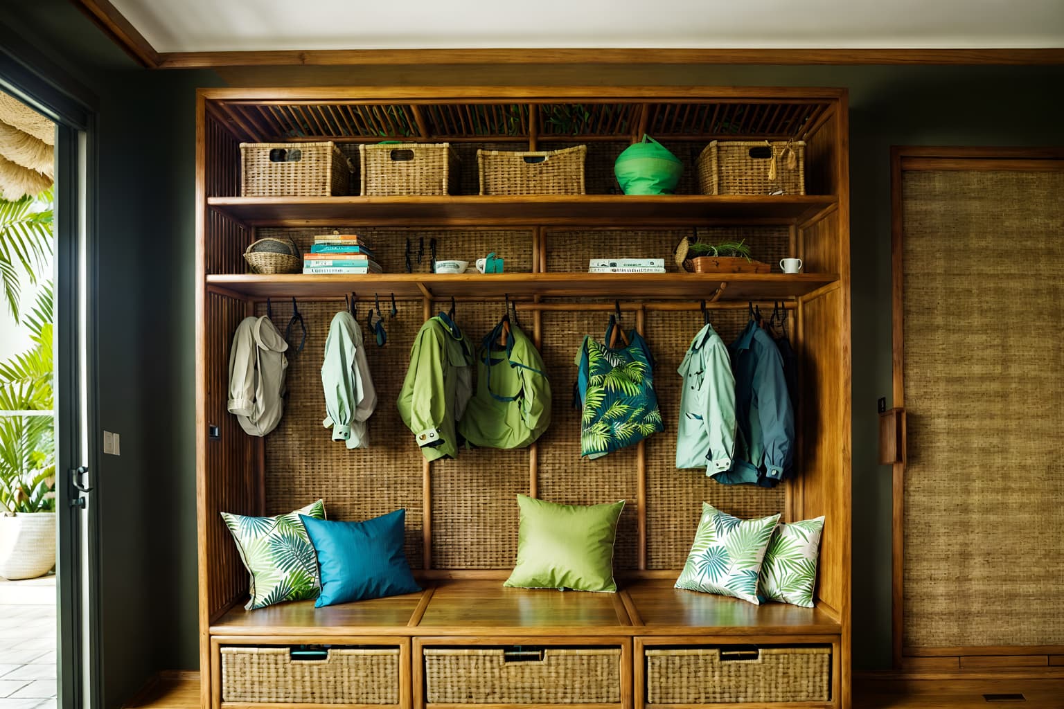 tropical-style (drop zone interior) with wall hooks for coats and a bench and storage drawers and high up storage and cubbies and cabinets and storage baskets and shelves for shoes. . with teak and palm trees and rattan and bamboo and cane motifs and palm leaves and wicker and lattice prints. . cinematic photo, highly detailed, cinematic lighting, ultra-detailed, ultrarealistic, photorealism, 8k. tropical interior design style. masterpiece, cinematic light, ultrarealistic+, photorealistic+, 8k, raw photo, realistic, sharp focus on eyes, (symmetrical eyes), (intact eyes), hyperrealistic, highest quality, best quality, , highly detailed, masterpiece, best quality, extremely detailed 8k wallpaper, masterpiece, best quality, ultra-detailed, best shadow, detailed background, detailed face, detailed eyes, high contrast, best illumination, detailed face, dulux, caustic, dynamic angle, detailed glow. dramatic lighting. highly detailed, insanely detailed hair, symmetrical, intricate details, professionally retouched, 8k high definition. strong bokeh. award winning photo.