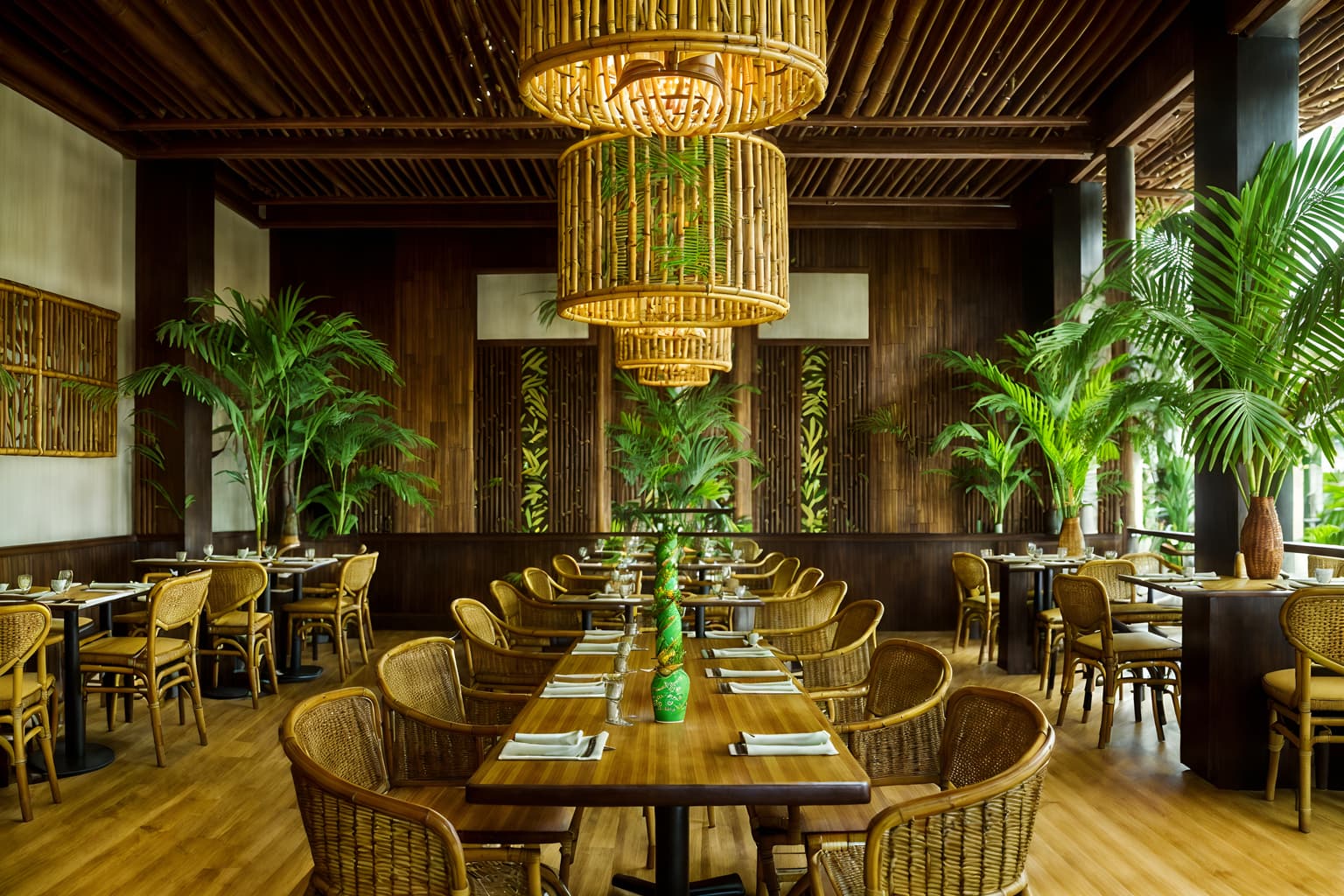 tropical-style (restaurant interior) with restaurant dining tables and restaurant decor and restaurant bar and restaurant chairs and restaurant dining tables. . with wicker and cane motifs and teak and palm trees and bamboo and palm leaves and rattan and lattice prints. . cinematic photo, highly detailed, cinematic lighting, ultra-detailed, ultrarealistic, photorealism, 8k. tropical interior design style. masterpiece, cinematic light, ultrarealistic+, photorealistic+, 8k, raw photo, realistic, sharp focus on eyes, (symmetrical eyes), (intact eyes), hyperrealistic, highest quality, best quality, , highly detailed, masterpiece, best quality, extremely detailed 8k wallpaper, masterpiece, best quality, ultra-detailed, best shadow, detailed background, detailed face, detailed eyes, high contrast, best illumination, detailed face, dulux, caustic, dynamic angle, detailed glow. dramatic lighting. highly detailed, insanely detailed hair, symmetrical, intricate details, professionally retouched, 8k high definition. strong bokeh. award winning photo.