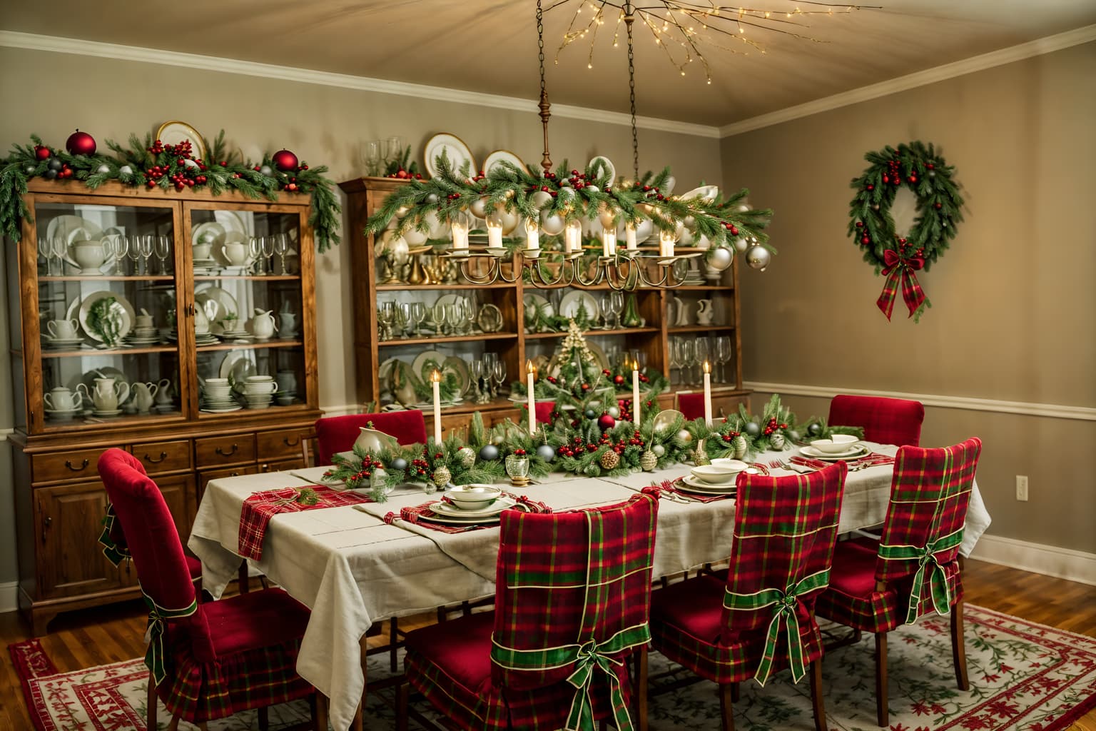 christmas-style (dining room interior) with bookshelves and dining table chairs and dining table and plant and plates, cutlery and glasses on dining table and light or chandelier and vase and table cloth. . with ribbons and snow outside and plaid rugs and christmas ornaments and berries and greenery draped and tie pinecones and berries and a few big socks hanging and giftwrapped gifts. . cinematic photo, highly detailed, cinematic lighting, ultra-detailed, ultrarealistic, photorealism, 8k. christmas interior design style. masterpiece, cinematic light, ultrarealistic+, photorealistic+, 8k, raw photo, realistic, sharp focus on eyes, (symmetrical eyes), (intact eyes), hyperrealistic, highest quality, best quality, , highly detailed, masterpiece, best quality, extremely detailed 8k wallpaper, masterpiece, best quality, ultra-detailed, best shadow, detailed background, detailed face, detailed eyes, high contrast, best illumination, detailed face, dulux, caustic, dynamic angle, detailed glow. dramatic lighting. highly detailed, insanely detailed hair, symmetrical, intricate details, professionally retouched, 8k high definition. strong bokeh. award winning photo.