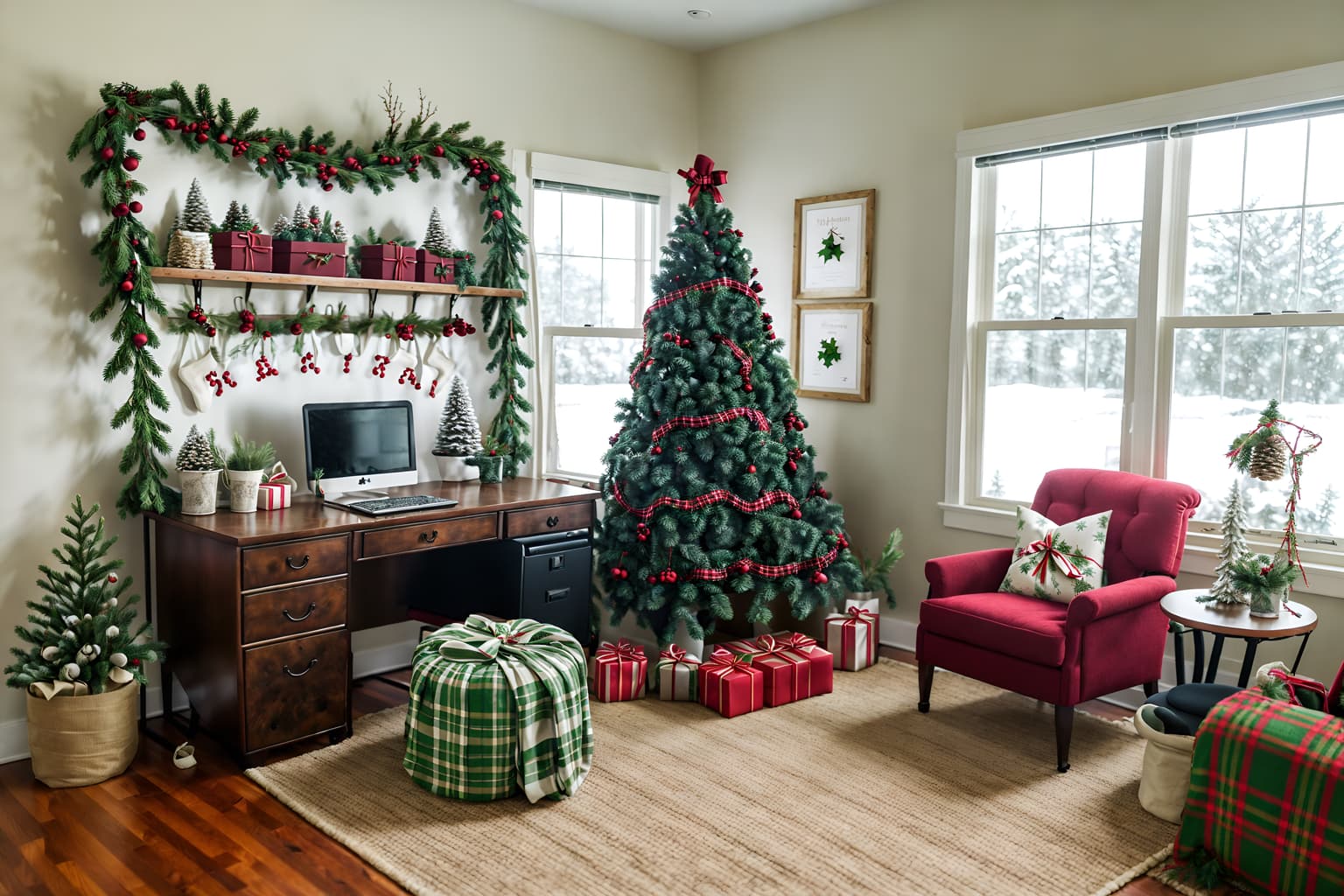christmas-style (office interior) with lounge chairs and seating area with sofa and computer desks and windows and plants and office desks and cabinets and office chairs. . with christmas ornaments and ribbons and a few big socks hanging and plaid rugs and tie pinecones and berries and snow outside and giftwrapped gifts and berries and greenery draped. . cinematic photo, highly detailed, cinematic lighting, ultra-detailed, ultrarealistic, photorealism, 8k. christmas interior design style. masterpiece, cinematic light, ultrarealistic+, photorealistic+, 8k, raw photo, realistic, sharp focus on eyes, (symmetrical eyes), (intact eyes), hyperrealistic, highest quality, best quality, , highly detailed, masterpiece, best quality, extremely detailed 8k wallpaper, masterpiece, best quality, ultra-detailed, best shadow, detailed background, detailed face, detailed eyes, high contrast, best illumination, detailed face, dulux, caustic, dynamic angle, detailed glow. dramatic lighting. highly detailed, insanely detailed hair, symmetrical, intricate details, professionally retouched, 8k high definition. strong bokeh. award winning photo.