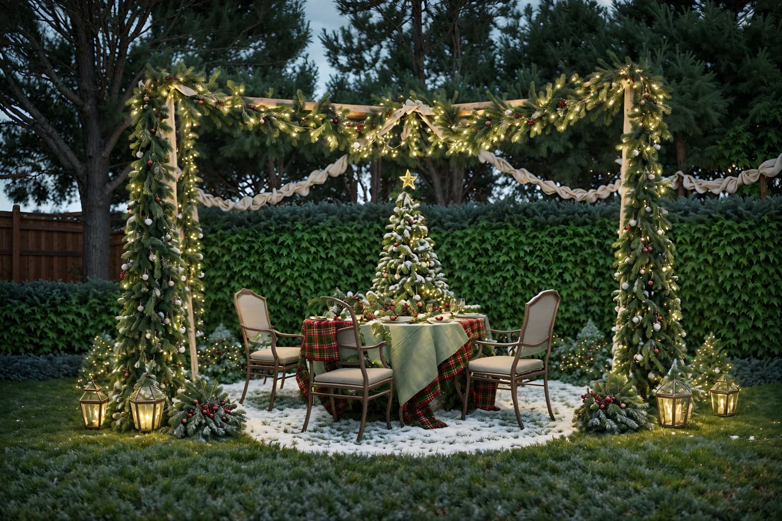 christmas-style designed (outdoor garden ) with garden plants and grass and garden tree and garden plants. . with berries and greenery draped and plaid rugs and snow outside and christmas ornaments and ribbons and giftwrapped gifts and tie pinecones and berries and a few big socks hanging. . cinematic photo, highly detailed, cinematic lighting, ultra-detailed, ultrarealistic, photorealism, 8k. christmas design style. masterpiece, cinematic light, ultrarealistic+, photorealistic+, 8k, raw photo, realistic, sharp focus on eyes, (symmetrical eyes), (intact eyes), hyperrealistic, highest quality, best quality, , highly detailed, masterpiece, best quality, extremely detailed 8k wallpaper, masterpiece, best quality, ultra-detailed, best shadow, detailed background, detailed face, detailed eyes, high contrast, best illumination, detailed face, dulux, caustic, dynamic angle, detailed glow. dramatic lighting. highly detailed, insanely detailed hair, symmetrical, intricate details, professionally retouched, 8k high definition. strong bokeh. award winning photo.