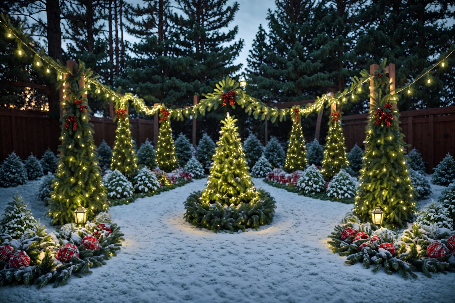 christmas-style designed (outdoor garden ) with garden plants and grass and garden tree and garden plants. . with berries and greenery draped and plaid rugs and snow outside and christmas ornaments and ribbons and giftwrapped gifts and tie pinecones and berries and a few big socks hanging. . cinematic photo, highly detailed, cinematic lighting, ultra-detailed, ultrarealistic, photorealism, 8k. christmas design style. masterpiece, cinematic light, ultrarealistic+, photorealistic+, 8k, raw photo, realistic, sharp focus on eyes, (symmetrical eyes), (intact eyes), hyperrealistic, highest quality, best quality, , highly detailed, masterpiece, best quality, extremely detailed 8k wallpaper, masterpiece, best quality, ultra-detailed, best shadow, detailed background, detailed face, detailed eyes, high contrast, best illumination, detailed face, dulux, caustic, dynamic angle, detailed glow. dramatic lighting. highly detailed, insanely detailed hair, symmetrical, intricate details, professionally retouched, 8k high definition. strong bokeh. award winning photo.