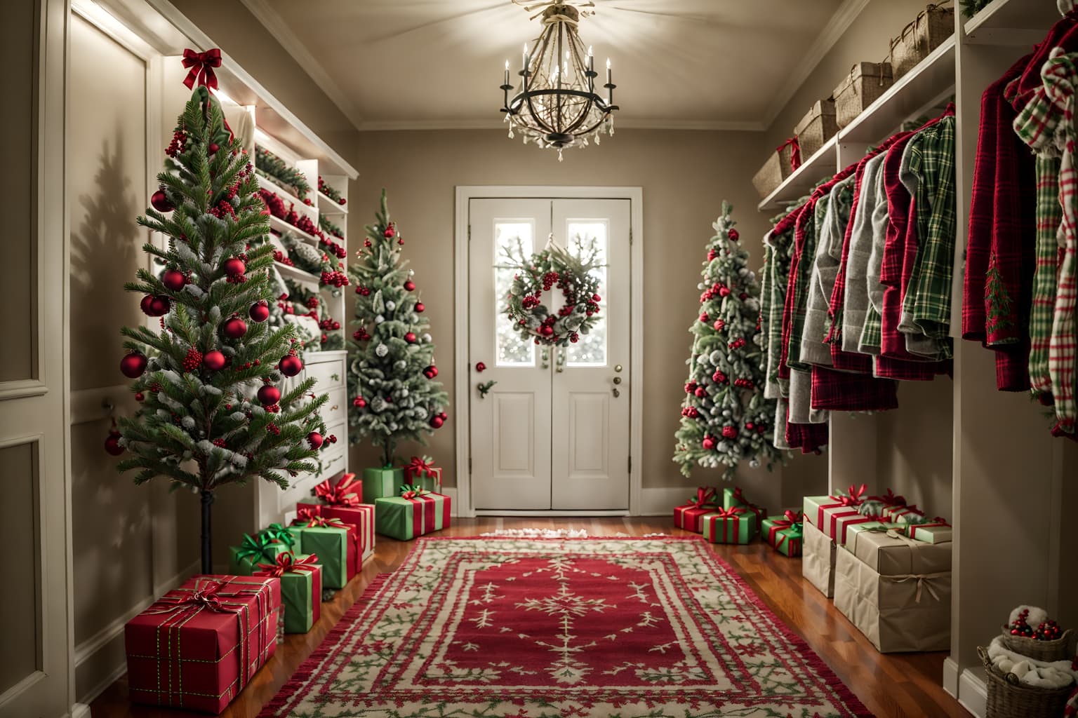 christmas-style (walk in closet interior) . with tie pinecones and berries and berries and greenery draped and plaid rugs and ribbons and a few big socks hanging and christmas ornaments and snow outside and giftwrapped gifts. . cinematic photo, highly detailed, cinematic lighting, ultra-detailed, ultrarealistic, photorealism, 8k. christmas interior design style. masterpiece, cinematic light, ultrarealistic+, photorealistic+, 8k, raw photo, realistic, sharp focus on eyes, (symmetrical eyes), (intact eyes), hyperrealistic, highest quality, best quality, , highly detailed, masterpiece, best quality, extremely detailed 8k wallpaper, masterpiece, best quality, ultra-detailed, best shadow, detailed background, detailed face, detailed eyes, high contrast, best illumination, detailed face, dulux, caustic, dynamic angle, detailed glow. dramatic lighting. highly detailed, insanely detailed hair, symmetrical, intricate details, professionally retouched, 8k high definition. strong bokeh. award winning photo.