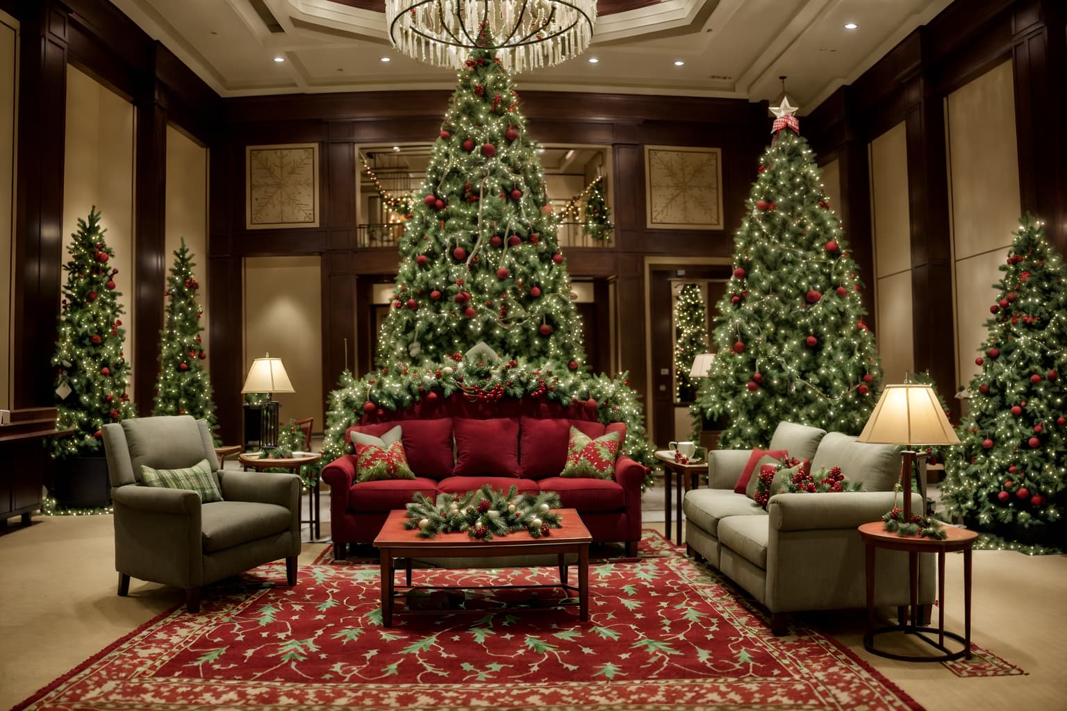 christmas-style (hotel lobby interior) with hanging lamps and sofas and coffee tables and lounge chairs and furniture and plant and rug and check in desk. . with a few big socks hanging and snow outside and giftwrapped gifts and plaid rugs and tie pinecones and berries and christmas ornaments and berries and greenery draped and ribbons. . cinematic photo, highly detailed, cinematic lighting, ultra-detailed, ultrarealistic, photorealism, 8k. christmas interior design style. masterpiece, cinematic light, ultrarealistic+, photorealistic+, 8k, raw photo, realistic, sharp focus on eyes, (symmetrical eyes), (intact eyes), hyperrealistic, highest quality, best quality, , highly detailed, masterpiece, best quality, extremely detailed 8k wallpaper, masterpiece, best quality, ultra-detailed, best shadow, detailed background, detailed face, detailed eyes, high contrast, best illumination, detailed face, dulux, caustic, dynamic angle, detailed glow. dramatic lighting. highly detailed, insanely detailed hair, symmetrical, intricate details, professionally retouched, 8k high definition. strong bokeh. award winning photo.