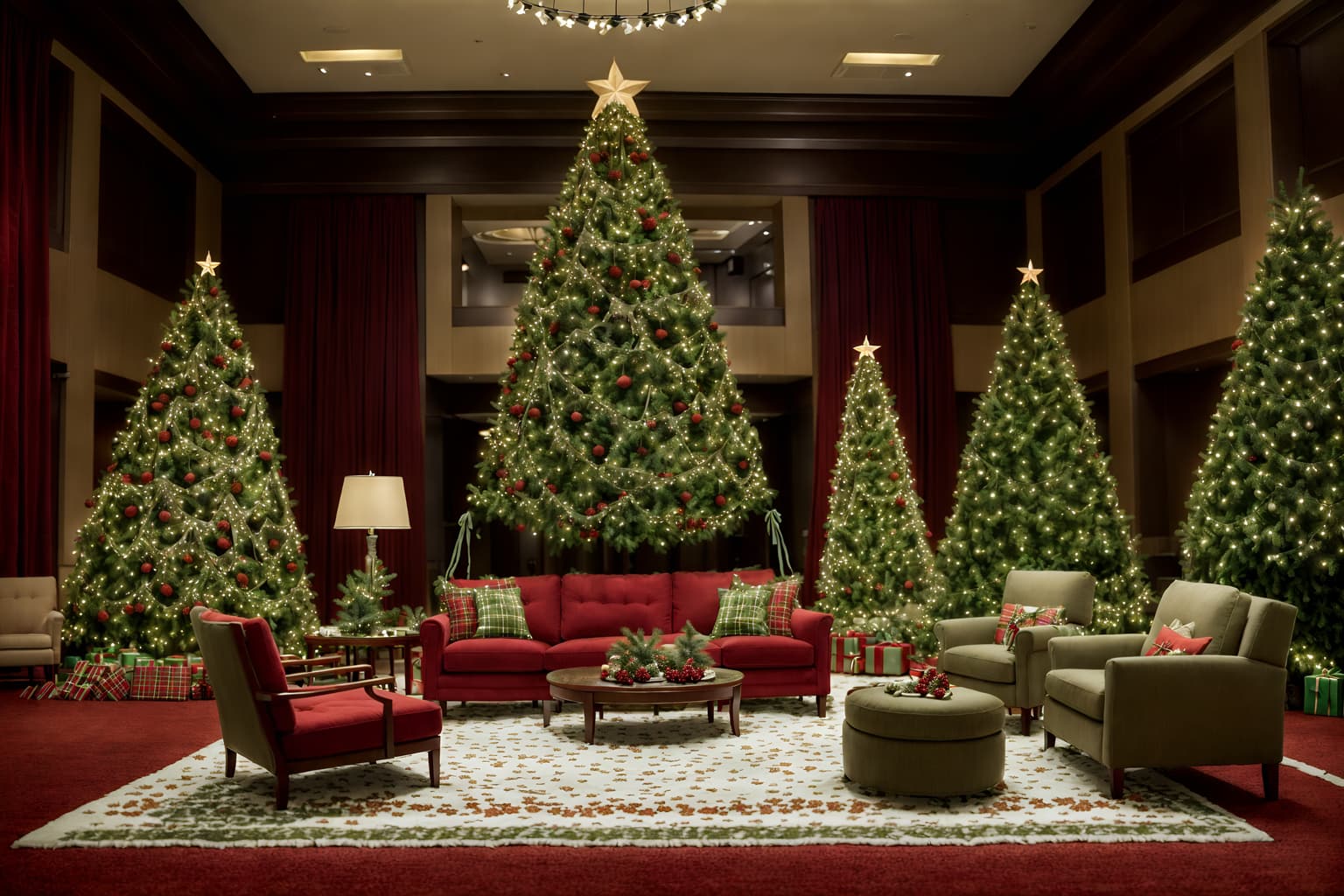 christmas-style (hotel lobby interior) with hanging lamps and sofas and coffee tables and lounge chairs and furniture and plant and rug and check in desk. . with a few big socks hanging and snow outside and giftwrapped gifts and plaid rugs and tie pinecones and berries and christmas ornaments and berries and greenery draped and ribbons. . cinematic photo, highly detailed, cinematic lighting, ultra-detailed, ultrarealistic, photorealism, 8k. christmas interior design style. masterpiece, cinematic light, ultrarealistic+, photorealistic+, 8k, raw photo, realistic, sharp focus on eyes, (symmetrical eyes), (intact eyes), hyperrealistic, highest quality, best quality, , highly detailed, masterpiece, best quality, extremely detailed 8k wallpaper, masterpiece, best quality, ultra-detailed, best shadow, detailed background, detailed face, detailed eyes, high contrast, best illumination, detailed face, dulux, caustic, dynamic angle, detailed glow. dramatic lighting. highly detailed, insanely detailed hair, symmetrical, intricate details, professionally retouched, 8k high definition. strong bokeh. award winning photo.