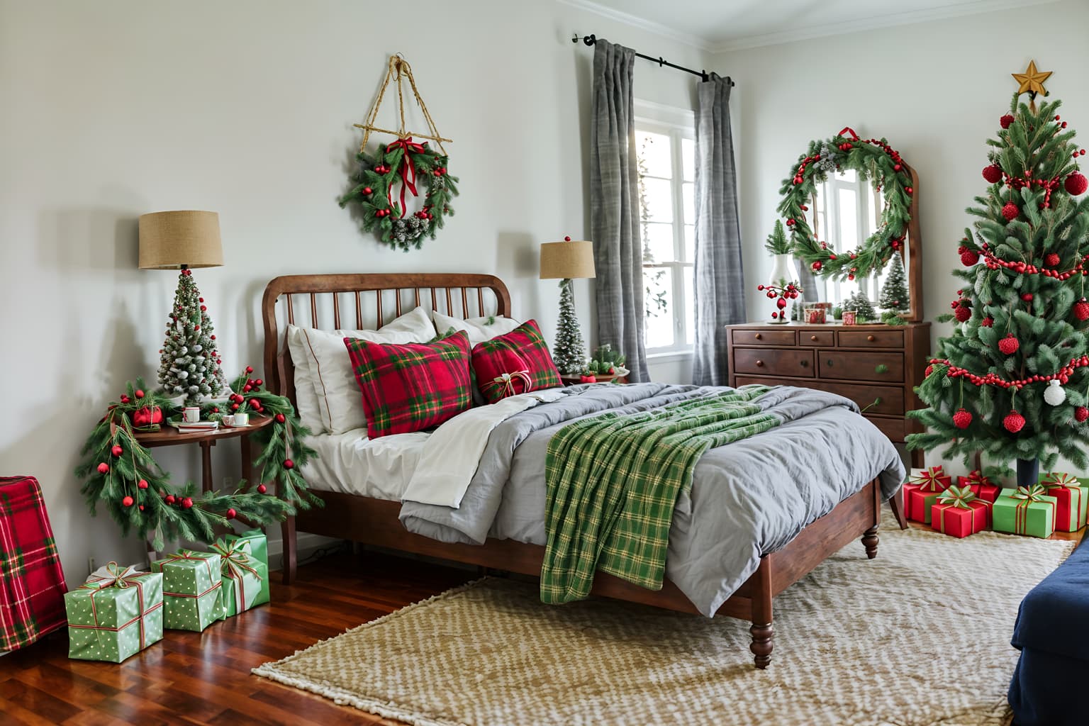 christmas-style (kids room interior) with bed and kids desk and bedside table or night stand and accent chair and plant and storage bench or ottoman and mirror and night light. . with berries and greenery draped and plaid rugs and giftwrapped gifts and snow outside and a few big socks hanging and tie pinecones and berries and ribbons and christmas ornaments. . cinematic photo, highly detailed, cinematic lighting, ultra-detailed, ultrarealistic, photorealism, 8k. christmas interior design style. masterpiece, cinematic light, ultrarealistic+, photorealistic+, 8k, raw photo, realistic, sharp focus on eyes, (symmetrical eyes), (intact eyes), hyperrealistic, highest quality, best quality, , highly detailed, masterpiece, best quality, extremely detailed 8k wallpaper, masterpiece, best quality, ultra-detailed, best shadow, detailed background, detailed face, detailed eyes, high contrast, best illumination, detailed face, dulux, caustic, dynamic angle, detailed glow. dramatic lighting. highly detailed, insanely detailed hair, symmetrical, intricate details, professionally retouched, 8k high definition. strong bokeh. award winning photo.