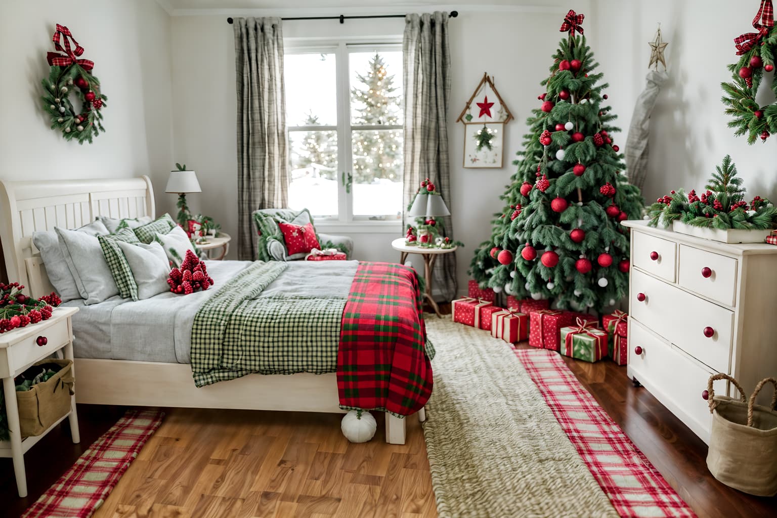 christmas-style (kids room interior) with bed and kids desk and bedside table or night stand and accent chair and plant and storage bench or ottoman and mirror and night light. . with berries and greenery draped and plaid rugs and giftwrapped gifts and snow outside and a few big socks hanging and tie pinecones and berries and ribbons and christmas ornaments. . cinematic photo, highly detailed, cinematic lighting, ultra-detailed, ultrarealistic, photorealism, 8k. christmas interior design style. masterpiece, cinematic light, ultrarealistic+, photorealistic+, 8k, raw photo, realistic, sharp focus on eyes, (symmetrical eyes), (intact eyes), hyperrealistic, highest quality, best quality, , highly detailed, masterpiece, best quality, extremely detailed 8k wallpaper, masterpiece, best quality, ultra-detailed, best shadow, detailed background, detailed face, detailed eyes, high contrast, best illumination, detailed face, dulux, caustic, dynamic angle, detailed glow. dramatic lighting. highly detailed, insanely detailed hair, symmetrical, intricate details, professionally retouched, 8k high definition. strong bokeh. award winning photo.