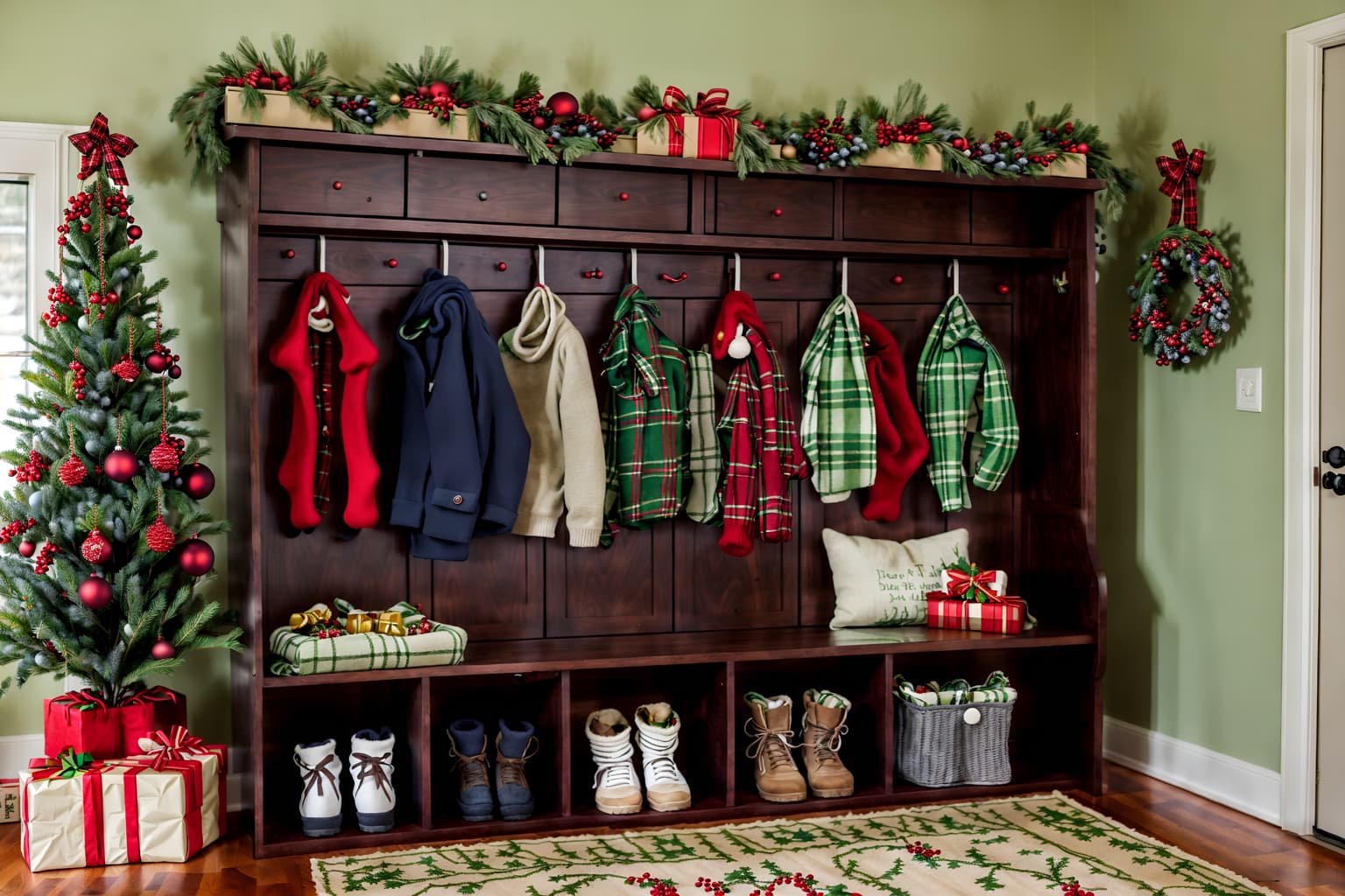 christmas-style (drop zone interior) with shelves for shoes and lockers and cabinets and a bench and storage baskets and storage drawers and cubbies and wall hooks for coats. . with snow outside and berries and greenery draped and a few big socks hanging and giftwrapped gifts and ribbons and tie pinecones and berries and christmas ornaments and plaid rugs. . cinematic photo, highly detailed, cinematic lighting, ultra-detailed, ultrarealistic, photorealism, 8k. christmas interior design style. masterpiece, cinematic light, ultrarealistic+, photorealistic+, 8k, raw photo, realistic, sharp focus on eyes, (symmetrical eyes), (intact eyes), hyperrealistic, highest quality, best quality, , highly detailed, masterpiece, best quality, extremely detailed 8k wallpaper, masterpiece, best quality, ultra-detailed, best shadow, detailed background, detailed face, detailed eyes, high contrast, best illumination, detailed face, dulux, caustic, dynamic angle, detailed glow. dramatic lighting. highly detailed, insanely detailed hair, symmetrical, intricate details, professionally retouched, 8k high definition. strong bokeh. award winning photo.