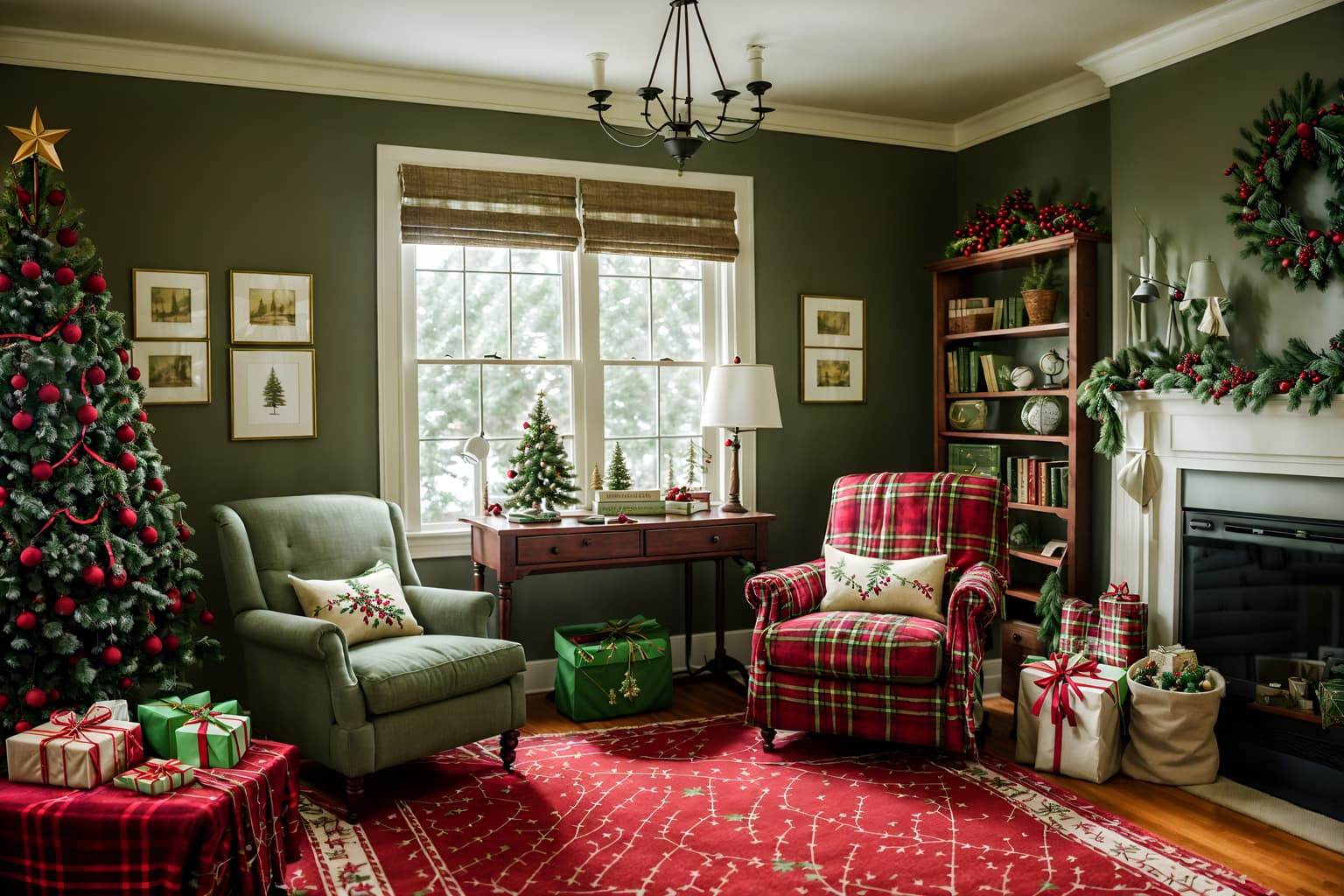 christmas-style (study room interior) with lounge chair and desk lamp and writing desk and cabinets and bookshelves and office chair and plant and lounge chair. . with berries and greenery draped and giftwrapped gifts and snow outside and ribbons and plaid rugs and a few big socks hanging and tie pinecones and berries and christmas ornaments. . cinematic photo, highly detailed, cinematic lighting, ultra-detailed, ultrarealistic, photorealism, 8k. christmas interior design style. masterpiece, cinematic light, ultrarealistic+, photorealistic+, 8k, raw photo, realistic, sharp focus on eyes, (symmetrical eyes), (intact eyes), hyperrealistic, highest quality, best quality, , highly detailed, masterpiece, best quality, extremely detailed 8k wallpaper, masterpiece, best quality, ultra-detailed, best shadow, detailed background, detailed face, detailed eyes, high contrast, best illumination, detailed face, dulux, caustic, dynamic angle, detailed glow. dramatic lighting. highly detailed, insanely detailed hair, symmetrical, intricate details, professionally retouched, 8k high definition. strong bokeh. award winning photo.