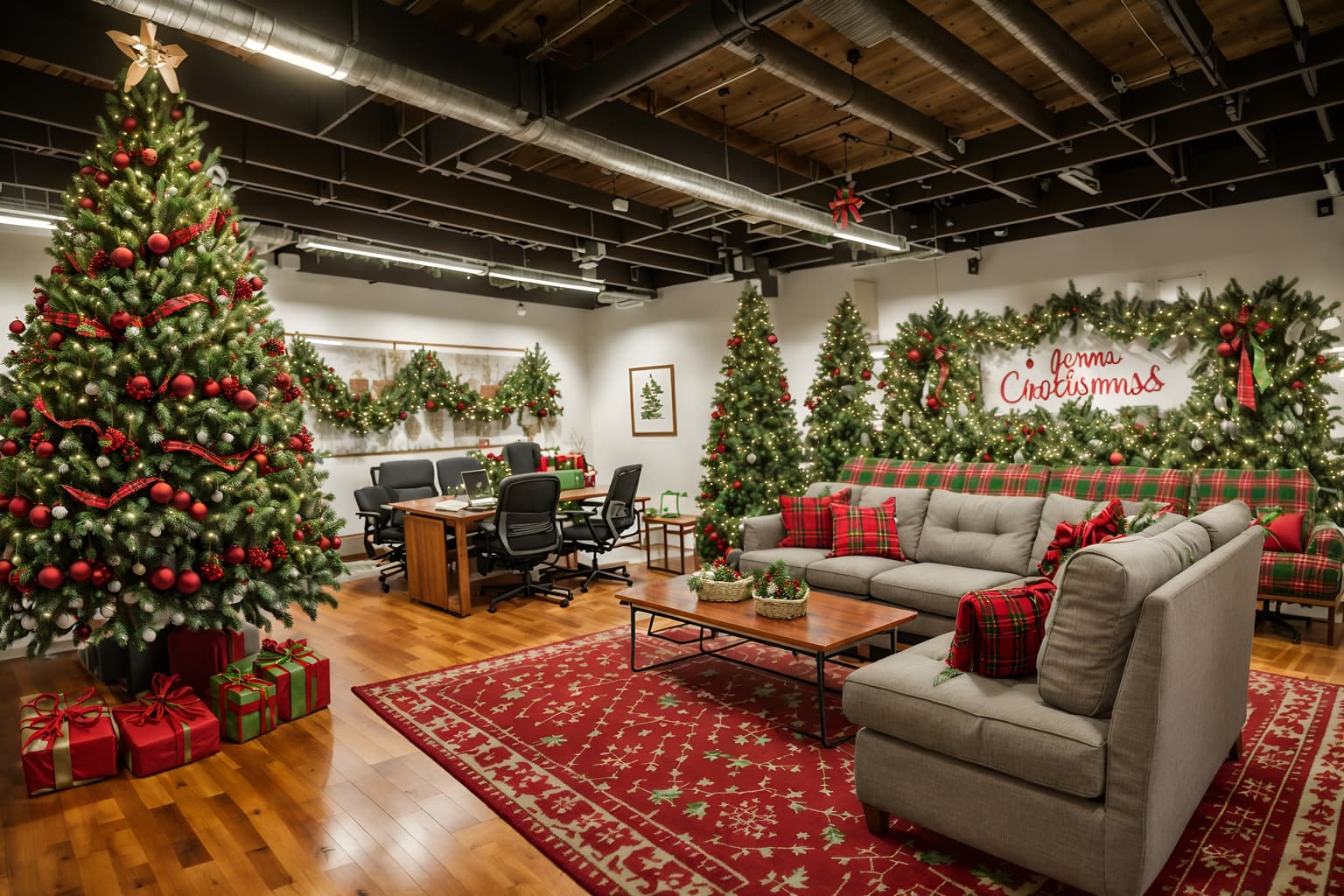 christmas-style (coworking space interior) with office desks and lounge chairs and seating area with sofa and office chairs and office desks. . with christmas ornaments and berries and greenery draped and snow outside and ribbons and giftwrapped gifts and a few big socks hanging and tie pinecones and berries and plaid rugs. . cinematic photo, highly detailed, cinematic lighting, ultra-detailed, ultrarealistic, photorealism, 8k. christmas interior design style. masterpiece, cinematic light, ultrarealistic+, photorealistic+, 8k, raw photo, realistic, sharp focus on eyes, (symmetrical eyes), (intact eyes), hyperrealistic, highest quality, best quality, , highly detailed, masterpiece, best quality, extremely detailed 8k wallpaper, masterpiece, best quality, ultra-detailed, best shadow, detailed background, detailed face, detailed eyes, high contrast, best illumination, detailed face, dulux, caustic, dynamic angle, detailed glow. dramatic lighting. highly detailed, insanely detailed hair, symmetrical, intricate details, professionally retouched, 8k high definition. strong bokeh. award winning photo.