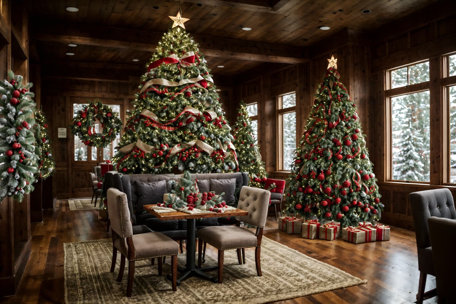 christmas-style (coffee shop interior) . with plaid rugs and snow outside and ribbons and tie pinecones and berries and a few big socks hanging and giftwrapped gifts and berries and greenery draped and christmas ornaments. . cinematic photo, highly detailed, cinematic lighting, ultra-detailed, ultrarealistic, photorealism, 8k. christmas interior design style. masterpiece, cinematic light, ultrarealistic+, photorealistic+, 8k, raw photo, realistic, sharp focus on eyes, (symmetrical eyes), (intact eyes), hyperrealistic, highest quality, best quality, , highly detailed, masterpiece, best quality, extremely detailed 8k wallpaper, masterpiece, best quality, ultra-detailed, best shadow, detailed background, detailed face, detailed eyes, high contrast, best illumination, detailed face, dulux, caustic, dynamic angle, detailed glow. dramatic lighting. highly detailed, insanely detailed hair, symmetrical, intricate details, professionally retouched, 8k high definition. strong bokeh. award winning photo.