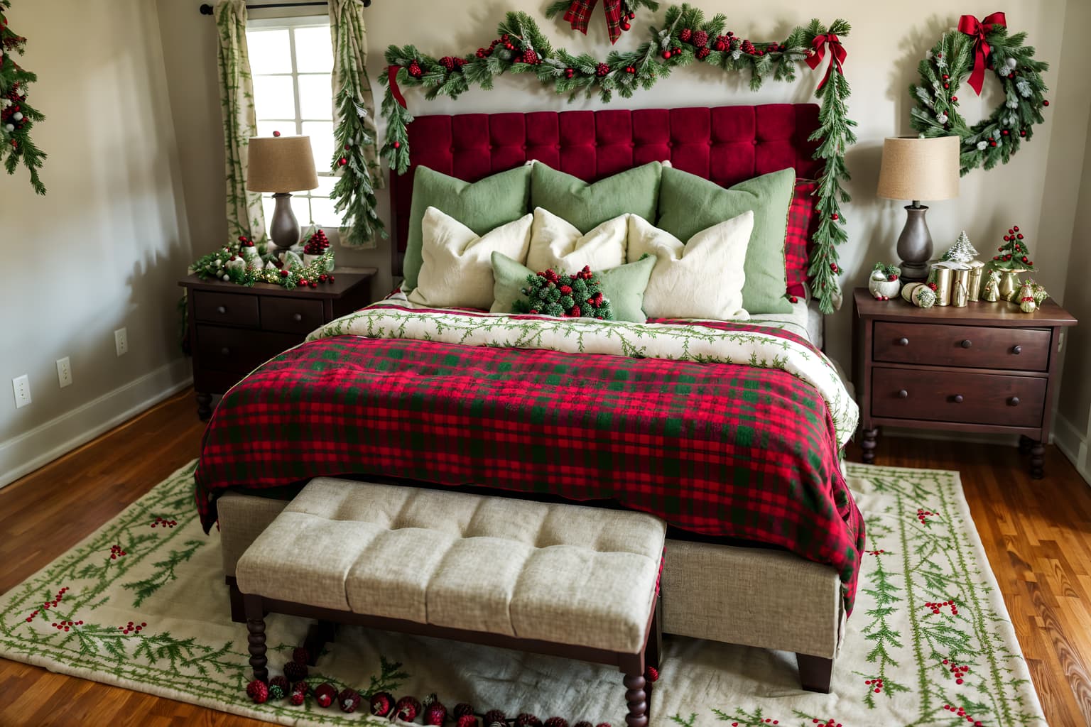 christmas-style (bedroom interior) with bed and storage bench or ottoman and headboard and plant and accent chair and bedside table or night stand and dresser closet and mirror. . with giftwrapped gifts and tie pinecones and berries and ribbons and berries and greenery draped and christmas ornaments and snow outside and plaid rugs and a few big socks hanging. . cinematic photo, highly detailed, cinematic lighting, ultra-detailed, ultrarealistic, photorealism, 8k. christmas interior design style. masterpiece, cinematic light, ultrarealistic+, photorealistic+, 8k, raw photo, realistic, sharp focus on eyes, (symmetrical eyes), (intact eyes), hyperrealistic, highest quality, best quality, , highly detailed, masterpiece, best quality, extremely detailed 8k wallpaper, masterpiece, best quality, ultra-detailed, best shadow, detailed background, detailed face, detailed eyes, high contrast, best illumination, detailed face, dulux, caustic, dynamic angle, detailed glow. dramatic lighting. highly detailed, insanely detailed hair, symmetrical, intricate details, professionally retouched, 8k high definition. strong bokeh. award winning photo.