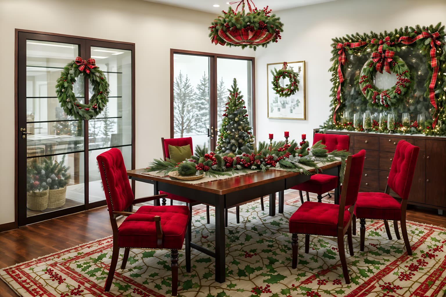 christmas-style (meeting room interior) with plant and vase and painting or photo on wall and cabinets and glass doors and boardroom table and office chairs and glass walls. . with berries and greenery draped and plaid rugs and christmas ornaments and tie pinecones and berries and a few big socks hanging and giftwrapped gifts and snow outside and ribbons. . cinematic photo, highly detailed, cinematic lighting, ultra-detailed, ultrarealistic, photorealism, 8k. christmas interior design style. masterpiece, cinematic light, ultrarealistic+, photorealistic+, 8k, raw photo, realistic, sharp focus on eyes, (symmetrical eyes), (intact eyes), hyperrealistic, highest quality, best quality, , highly detailed, masterpiece, best quality, extremely detailed 8k wallpaper, masterpiece, best quality, ultra-detailed, best shadow, detailed background, detailed face, detailed eyes, high contrast, best illumination, detailed face, dulux, caustic, dynamic angle, detailed glow. dramatic lighting. highly detailed, insanely detailed hair, symmetrical, intricate details, professionally retouched, 8k high definition. strong bokeh. award winning photo.