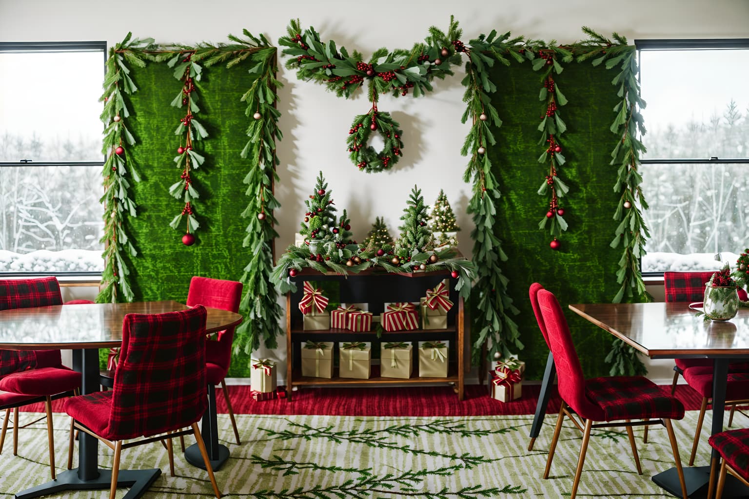 christmas-style (meeting room interior) with plant and vase and painting or photo on wall and cabinets and glass doors and boardroom table and office chairs and glass walls. . with berries and greenery draped and plaid rugs and christmas ornaments and tie pinecones and berries and a few big socks hanging and giftwrapped gifts and snow outside and ribbons. . cinematic photo, highly detailed, cinematic lighting, ultra-detailed, ultrarealistic, photorealism, 8k. christmas interior design style. masterpiece, cinematic light, ultrarealistic+, photorealistic+, 8k, raw photo, realistic, sharp focus on eyes, (symmetrical eyes), (intact eyes), hyperrealistic, highest quality, best quality, , highly detailed, masterpiece, best quality, extremely detailed 8k wallpaper, masterpiece, best quality, ultra-detailed, best shadow, detailed background, detailed face, detailed eyes, high contrast, best illumination, detailed face, dulux, caustic, dynamic angle, detailed glow. dramatic lighting. highly detailed, insanely detailed hair, symmetrical, intricate details, professionally retouched, 8k high definition. strong bokeh. award winning photo.