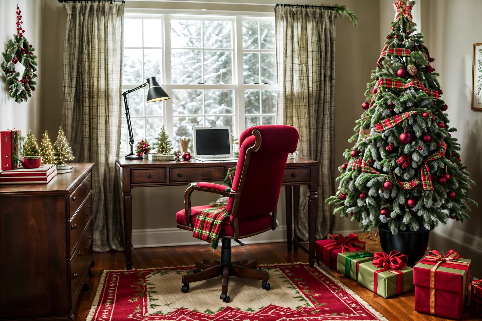 christmas-style (home office interior) with office chair and cabinets and plant and desk lamp and computer desk and office chair. . with a few big socks hanging and tie pinecones and berries and plaid rugs and berries and greenery draped and christmas ornaments and giftwrapped gifts and snow outside and ribbons. . cinematic photo, highly detailed, cinematic lighting, ultra-detailed, ultrarealistic, photorealism, 8k. christmas interior design style. masterpiece, cinematic light, ultrarealistic+, photorealistic+, 8k, raw photo, realistic, sharp focus on eyes, (symmetrical eyes), (intact eyes), hyperrealistic, highest quality, best quality, , highly detailed, masterpiece, best quality, extremely detailed 8k wallpaper, masterpiece, best quality, ultra-detailed, best shadow, detailed background, detailed face, detailed eyes, high contrast, best illumination, detailed face, dulux, caustic, dynamic angle, detailed glow. dramatic lighting. highly detailed, insanely detailed hair, symmetrical, intricate details, professionally retouched, 8k high definition. strong bokeh. award winning photo.
